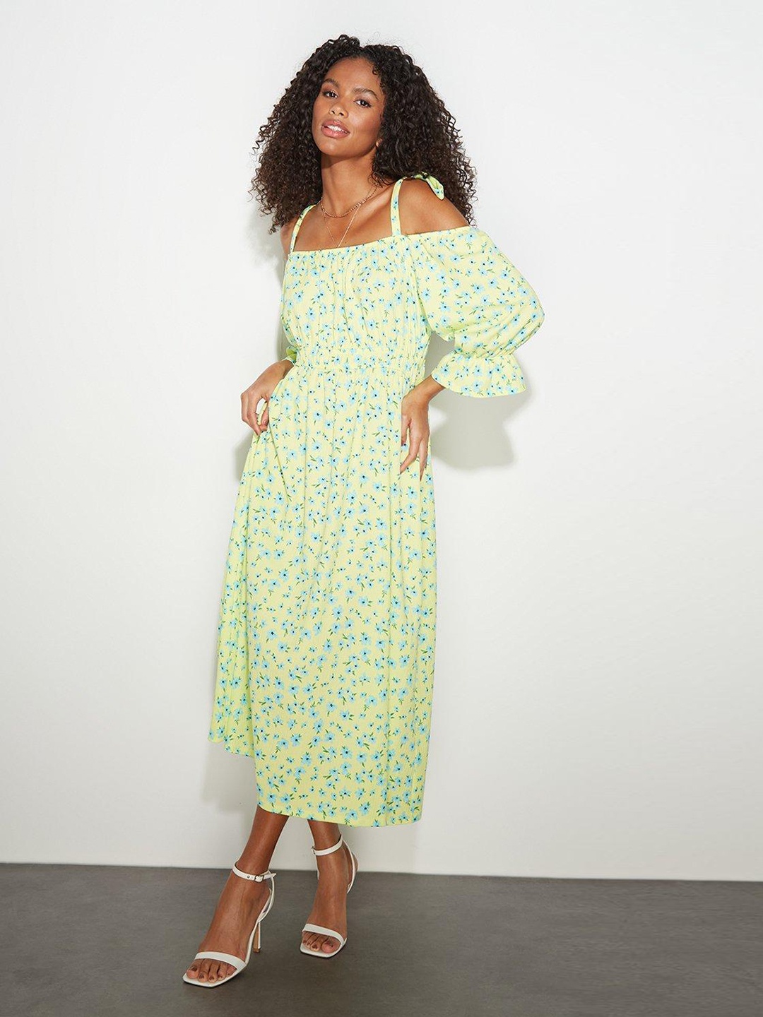 

DOROTHY PERKINS Yellow & Blue Floral Print Bardot Midi Dress