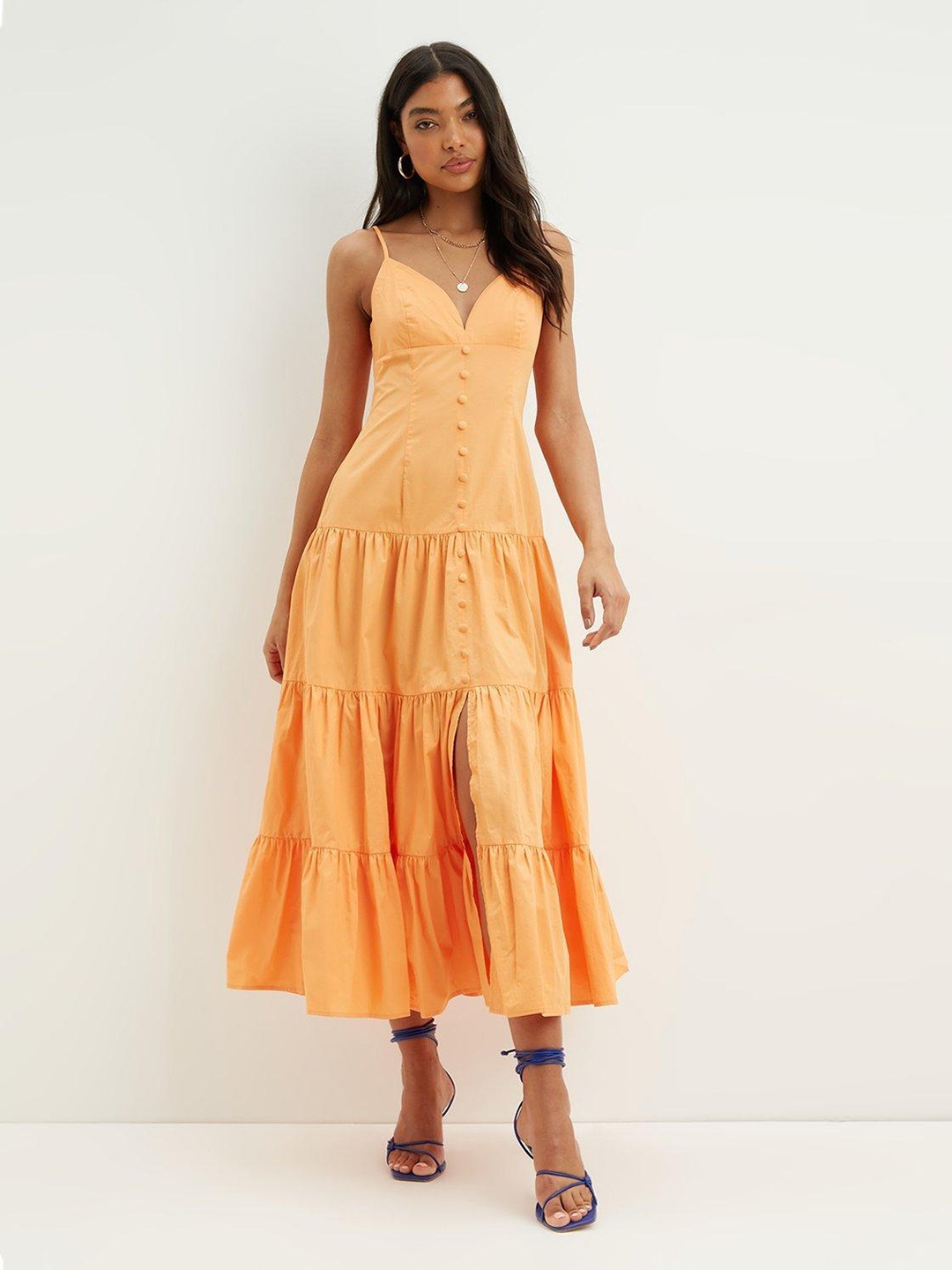 

DOROTHY PERKINS Orange Pure Cotton Poplin Button Down Tiered Maxi Dress