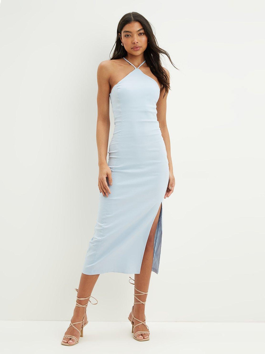 

DOROTHY PERKINS Blue Solid Halter Neck Bodycon Midi Dress