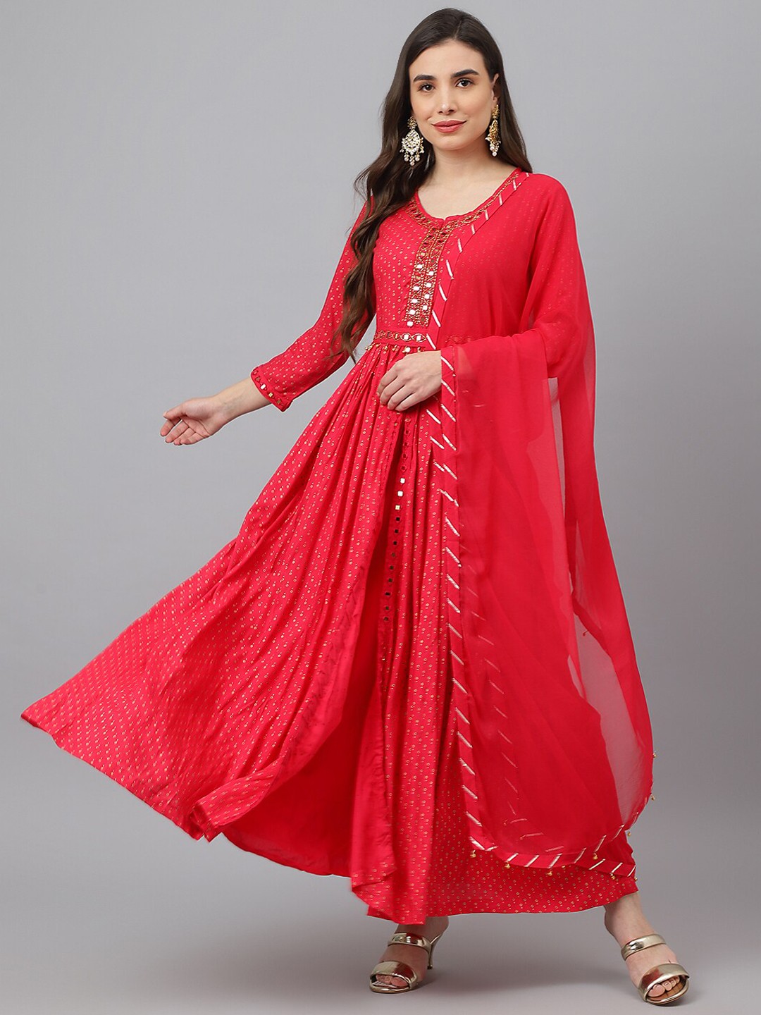 

ADAA JAIPUR Women Red Embroidered Mirror Work Anarkali Kurta with Trousers & Dupatta