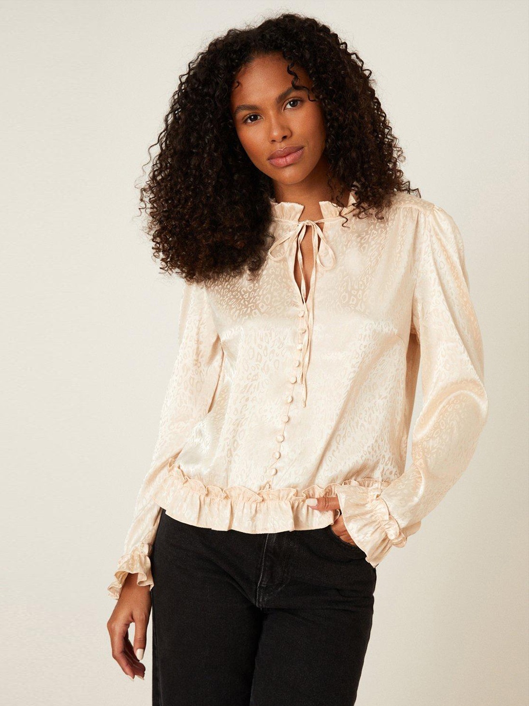 

DOROTHY PERKINS Beige Animal Print Satin Tie-Up Neck Top