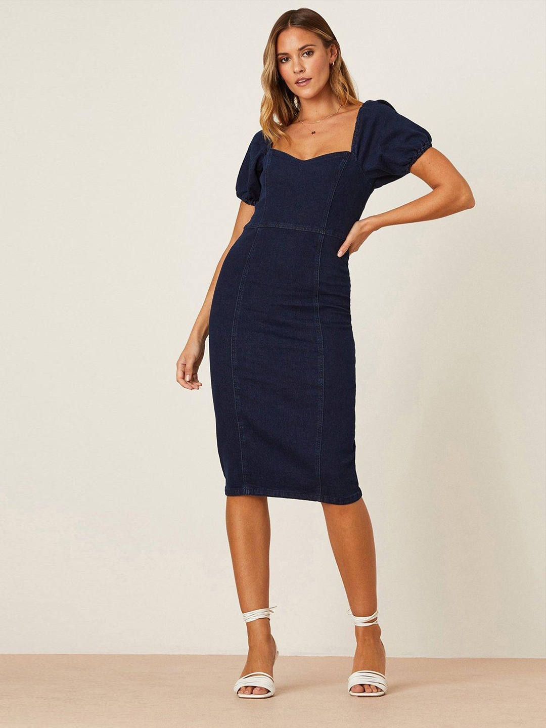 

DOROTHY PERKINS Navy Blue Solid Cotton Denim Sheath Midi Dress