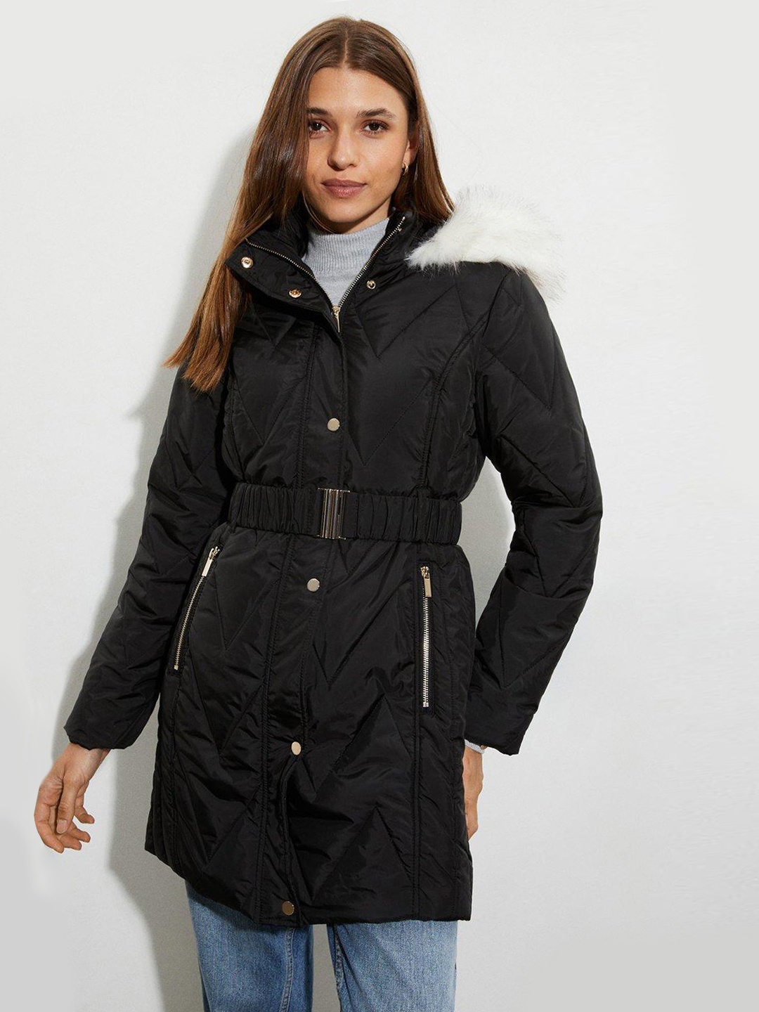 

DOROTHY PERKINS Women Black Belted Longline Parka Jacket