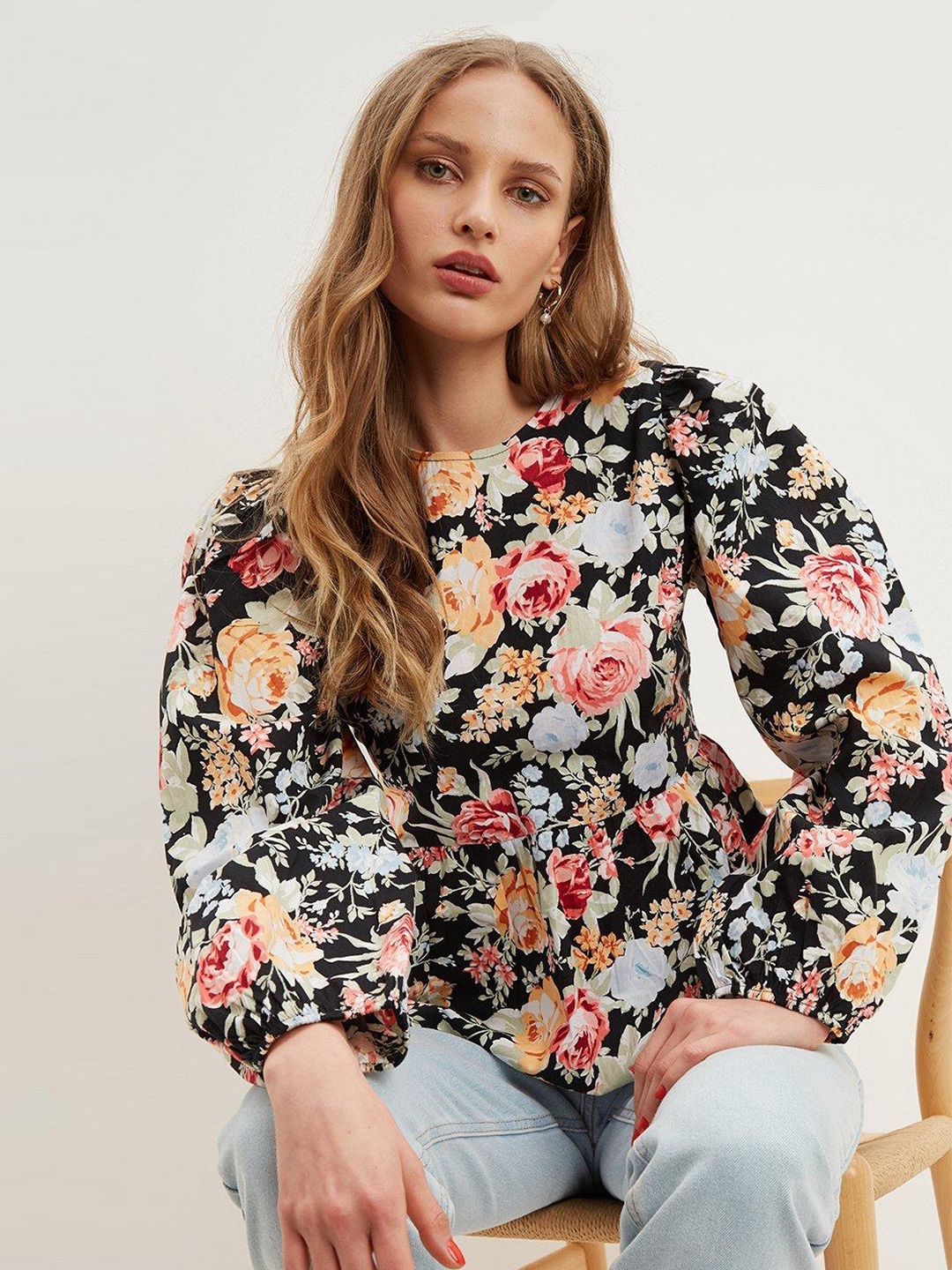 

DOROTHY PERKINS Black & Green Pure Cotton Floral Print Smocked Top