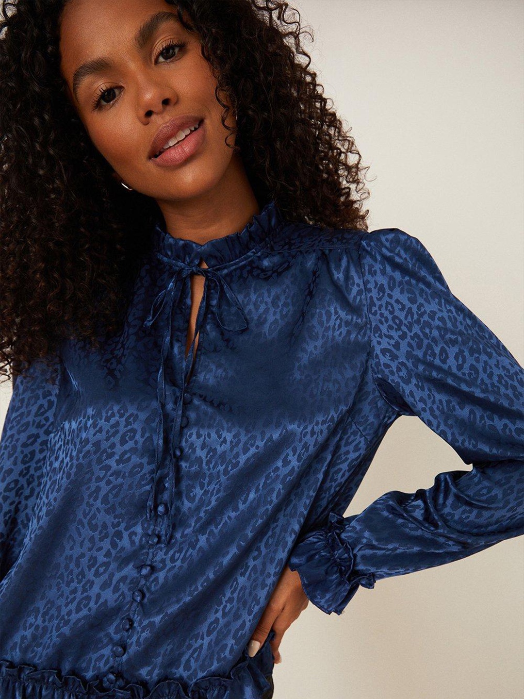 

DOROTHY PERKINS Navy Blue Animal Print Ruffles Satin Jacquard Blouson Top