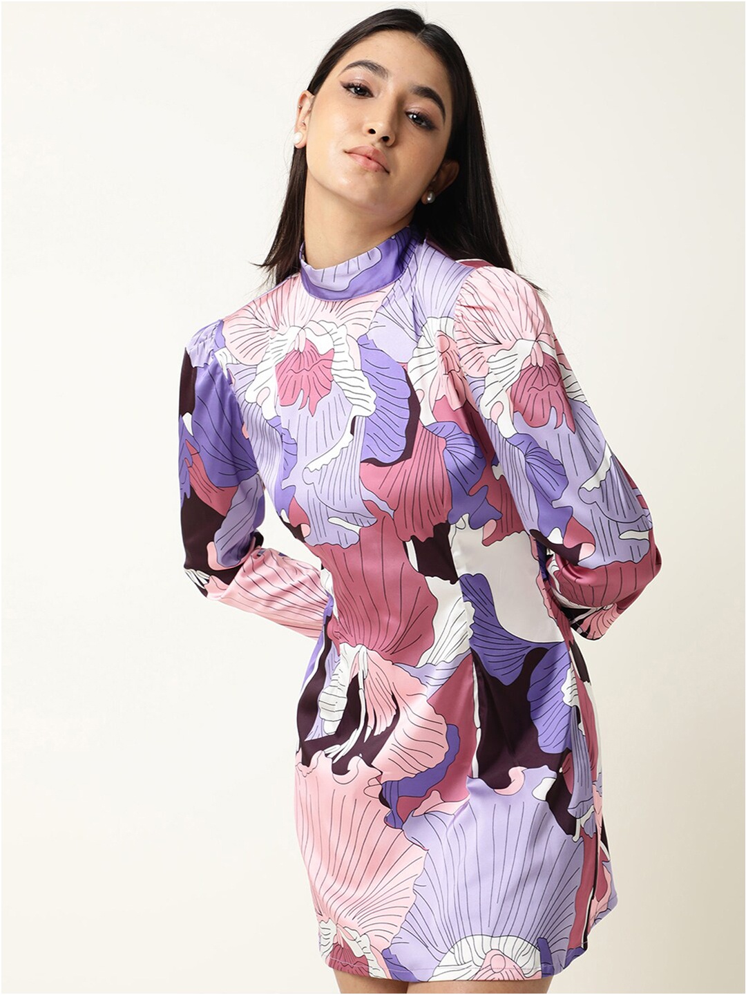 

RAREISM Lavender & Pink Floral A-Line Mini Dress