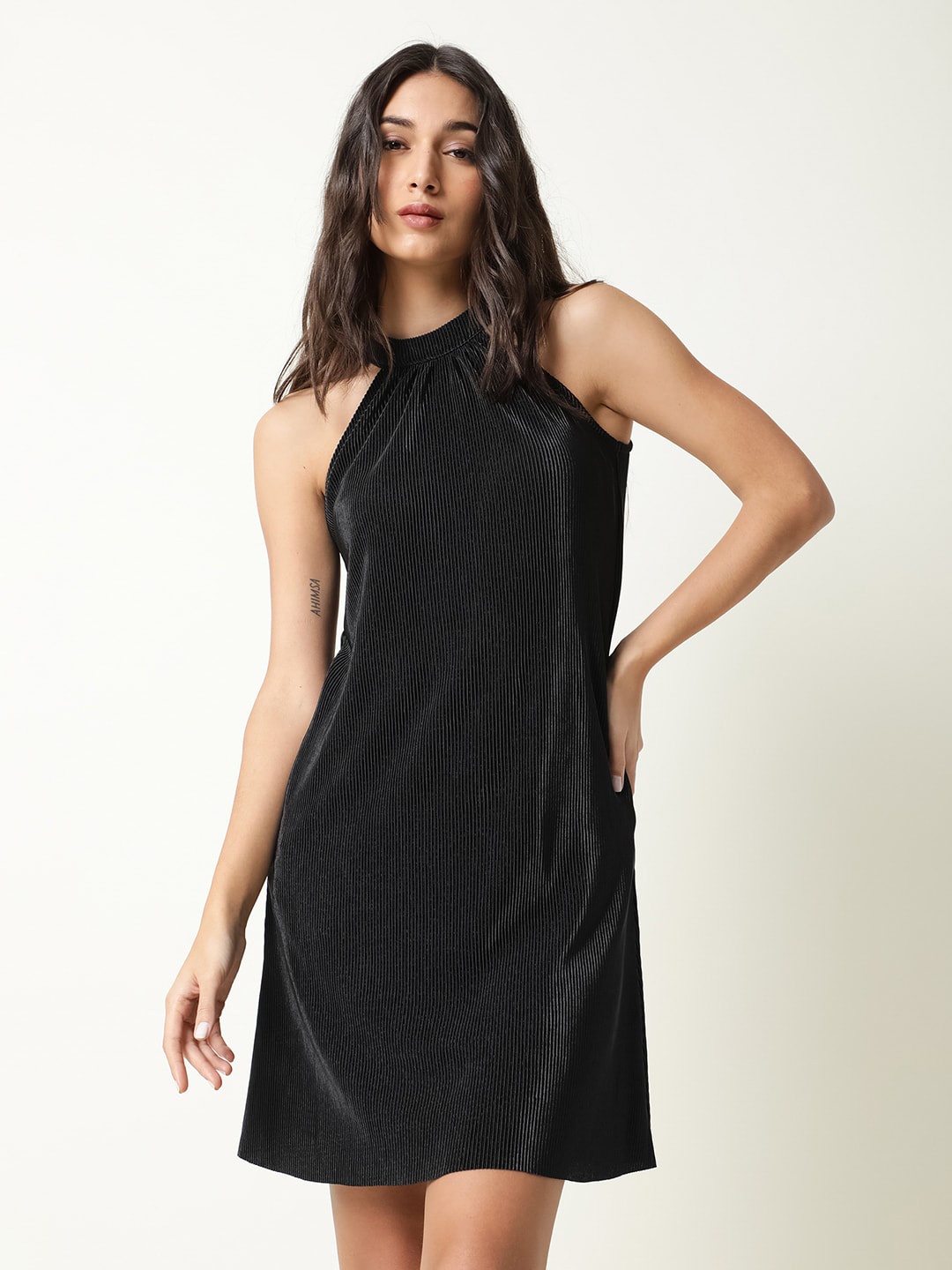 

RAREISM Black Halter Neck A-Line Cotton Dress