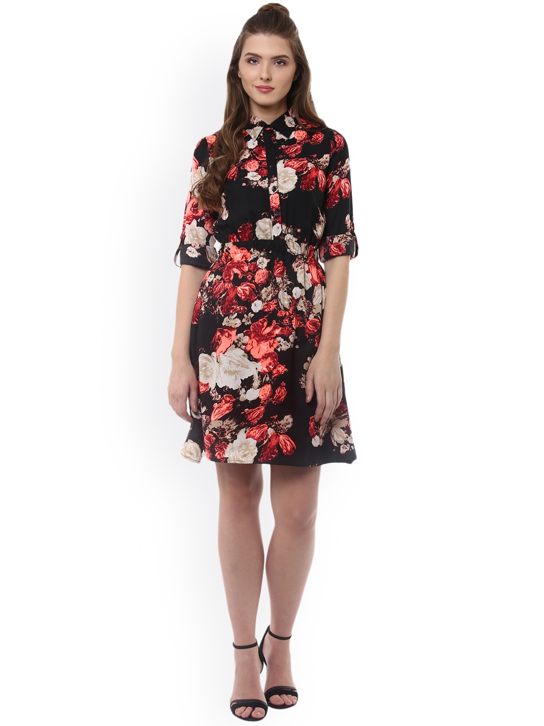

StyleStone Women Black Floral Print Shirt Dress