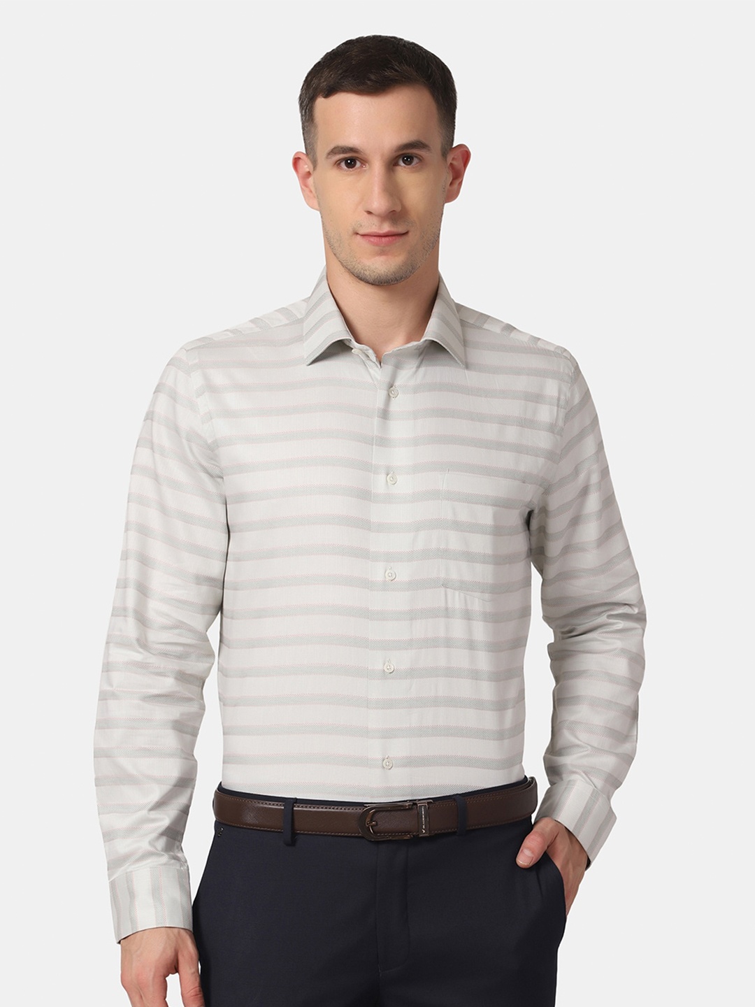 

Blackberrys Men Green Slim Fit Horizontal Striped Cotton Formal Shirt