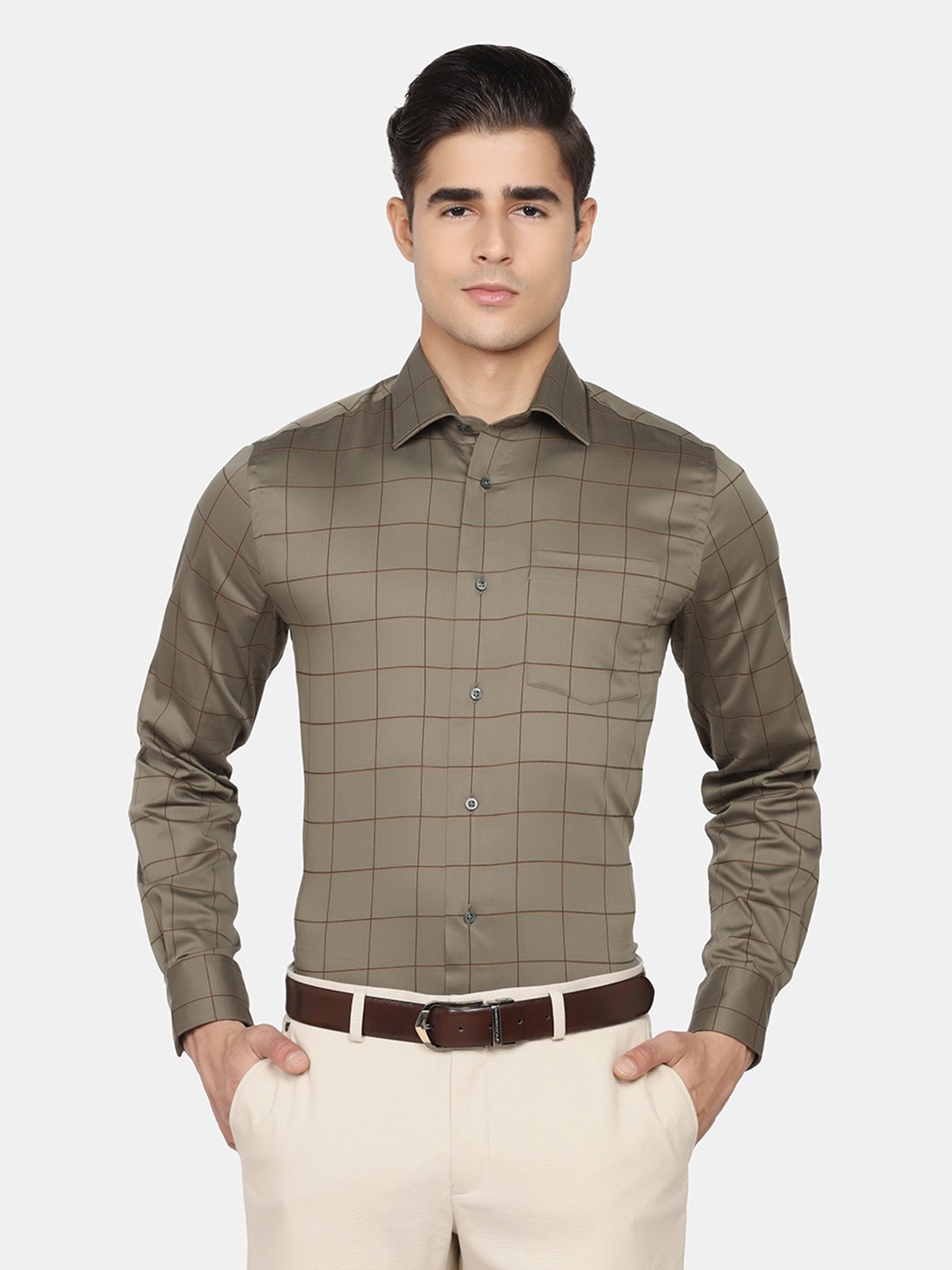 

Blackberrys Men Slim Fit Windowpane Checks Formal Shirt, Green