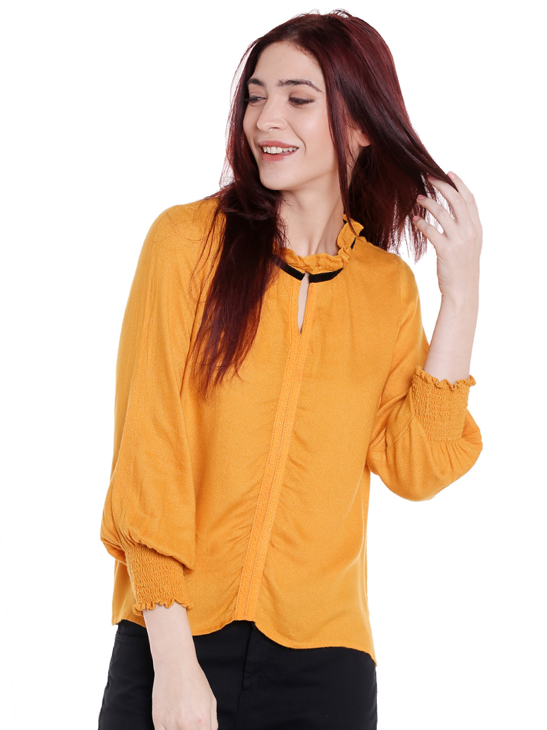 

Noi Women Mustard Yellow Solid Pure Cotton Top