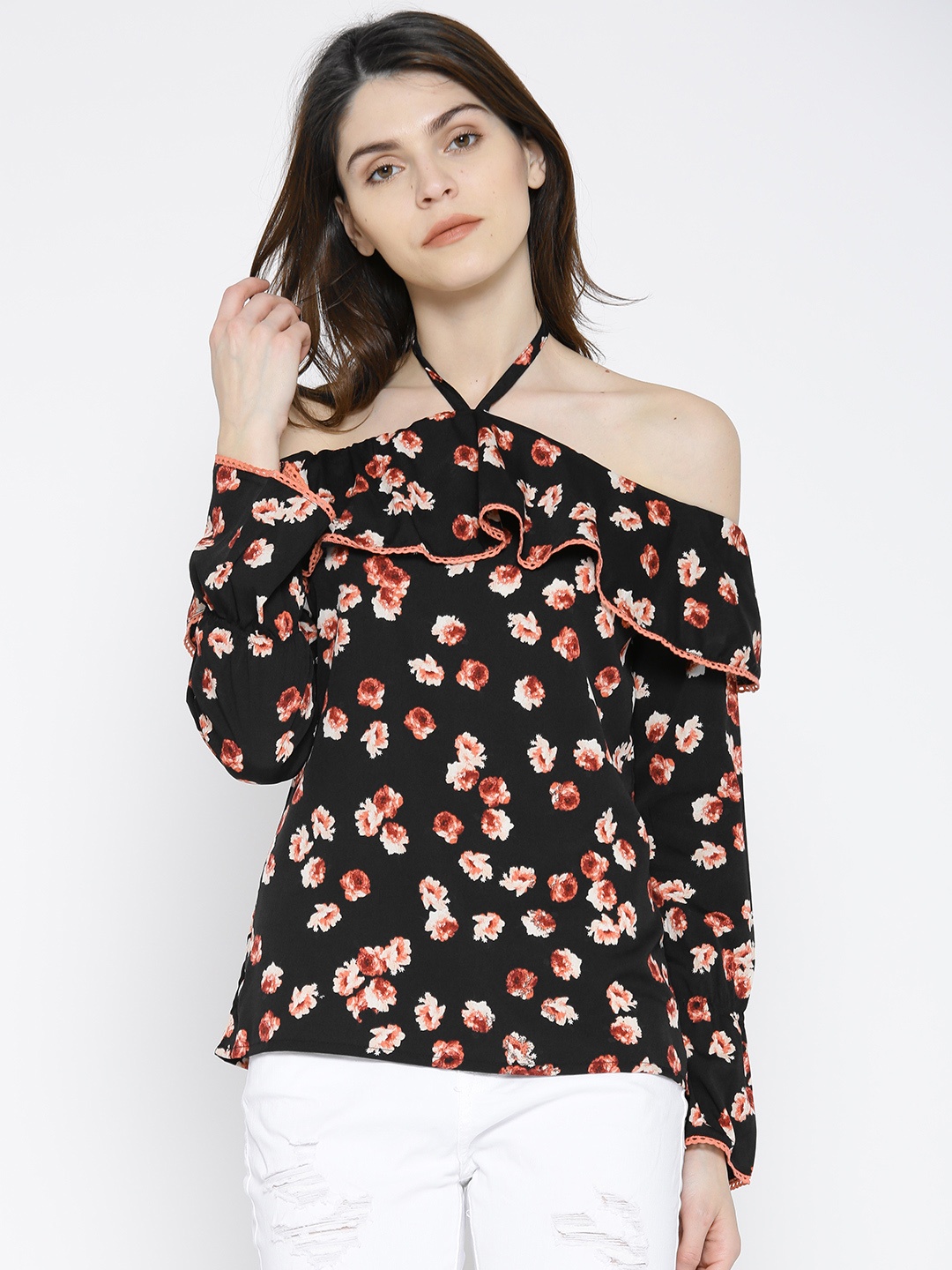 

Noi Women Black Floral Print Bardot Top