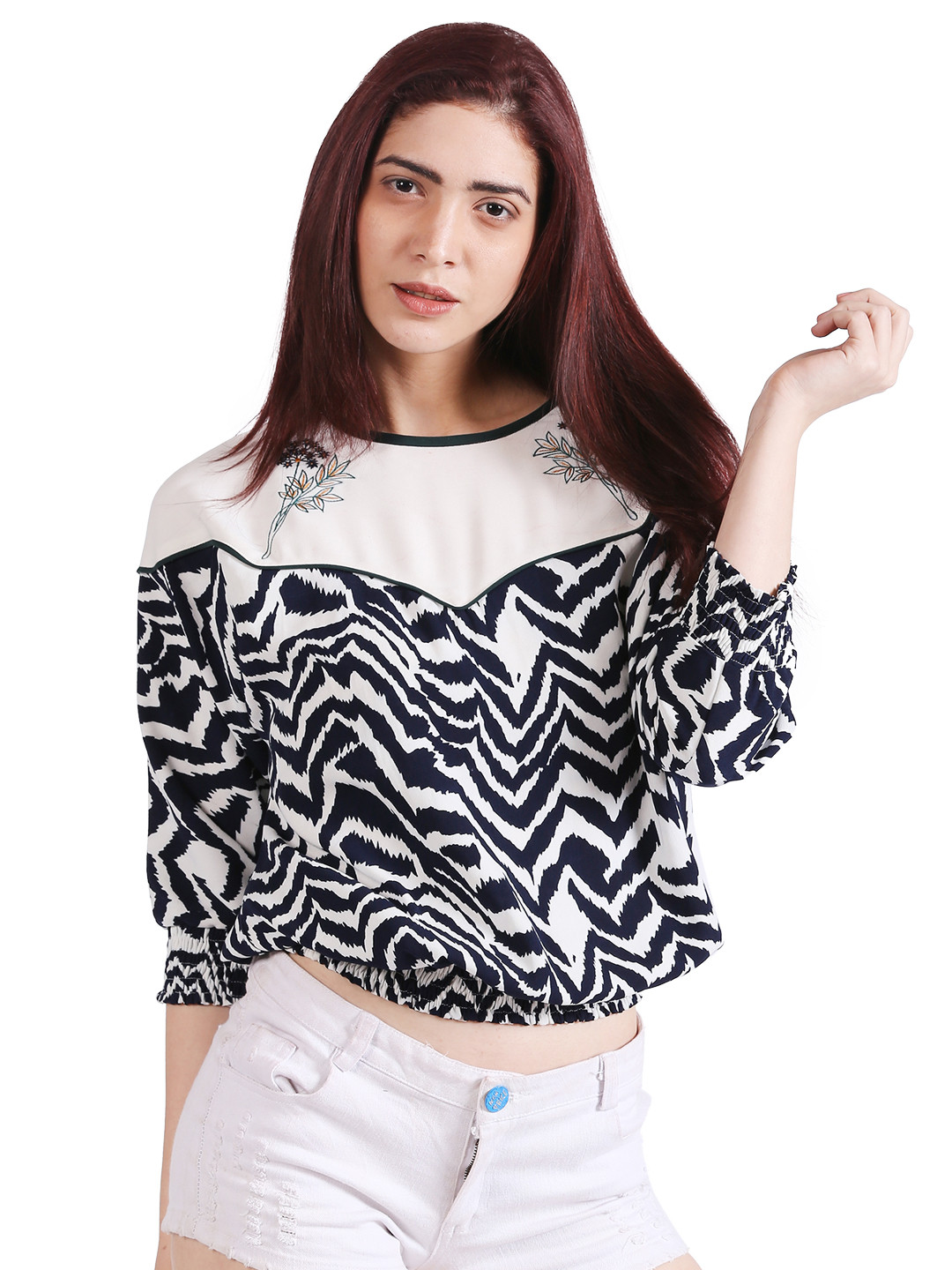 

Noi Women Navy Blue Printed Blouson Top