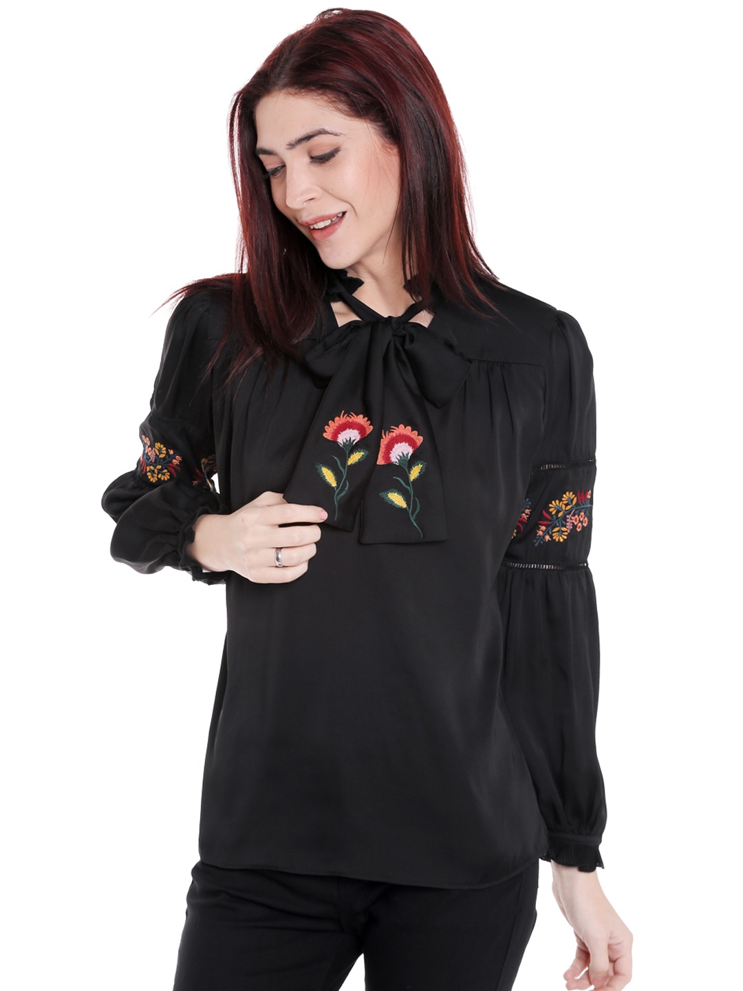 

Noi Women Black Self Design Embroidered Top