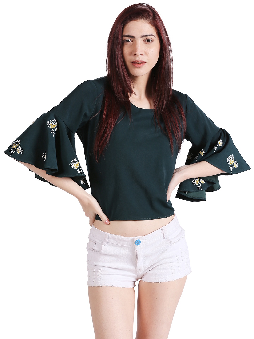 

Noi Women Green Solid Bell Sleeve Embroidered Top