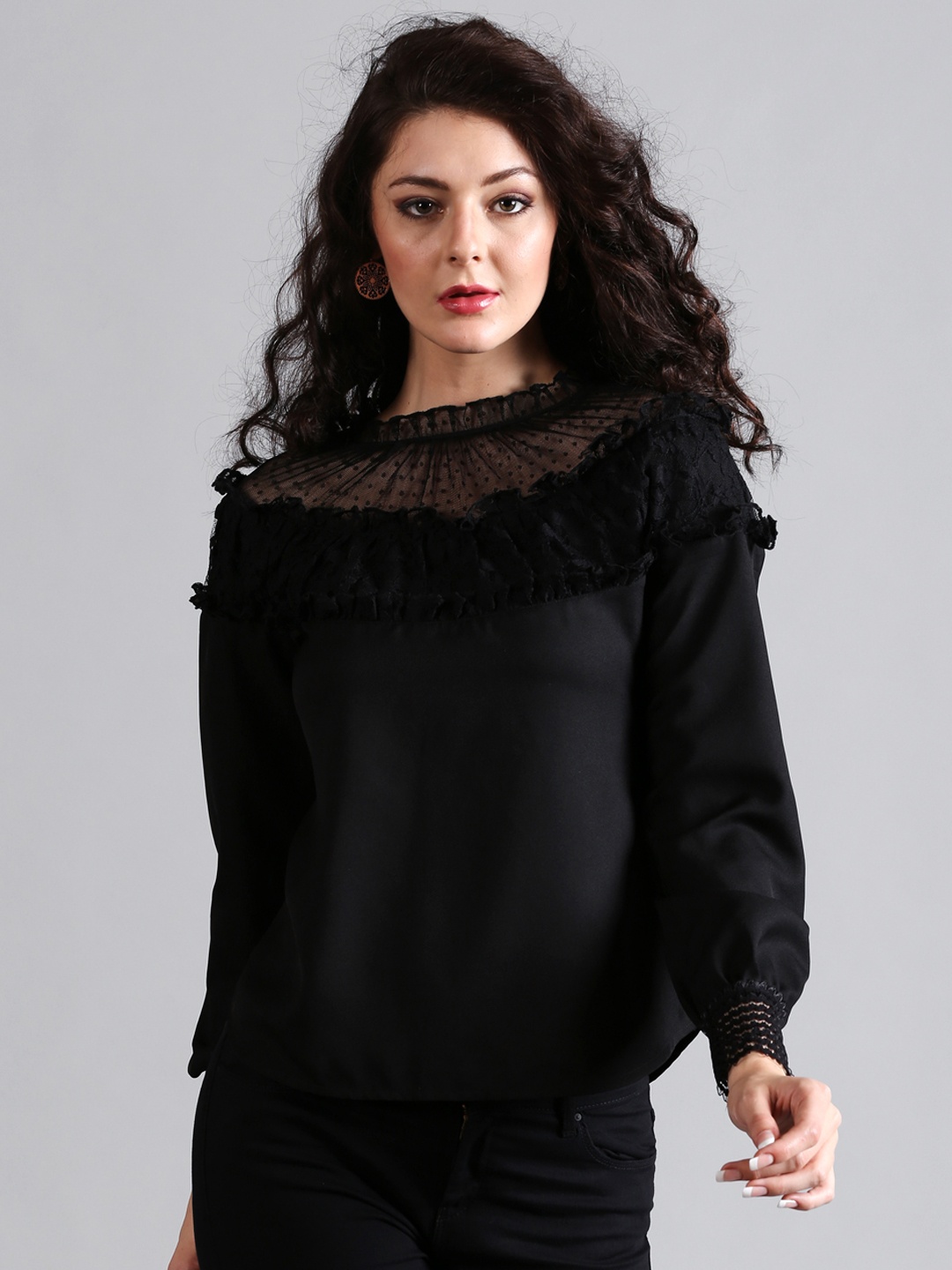 

Noi Women Black Solid Lace Top