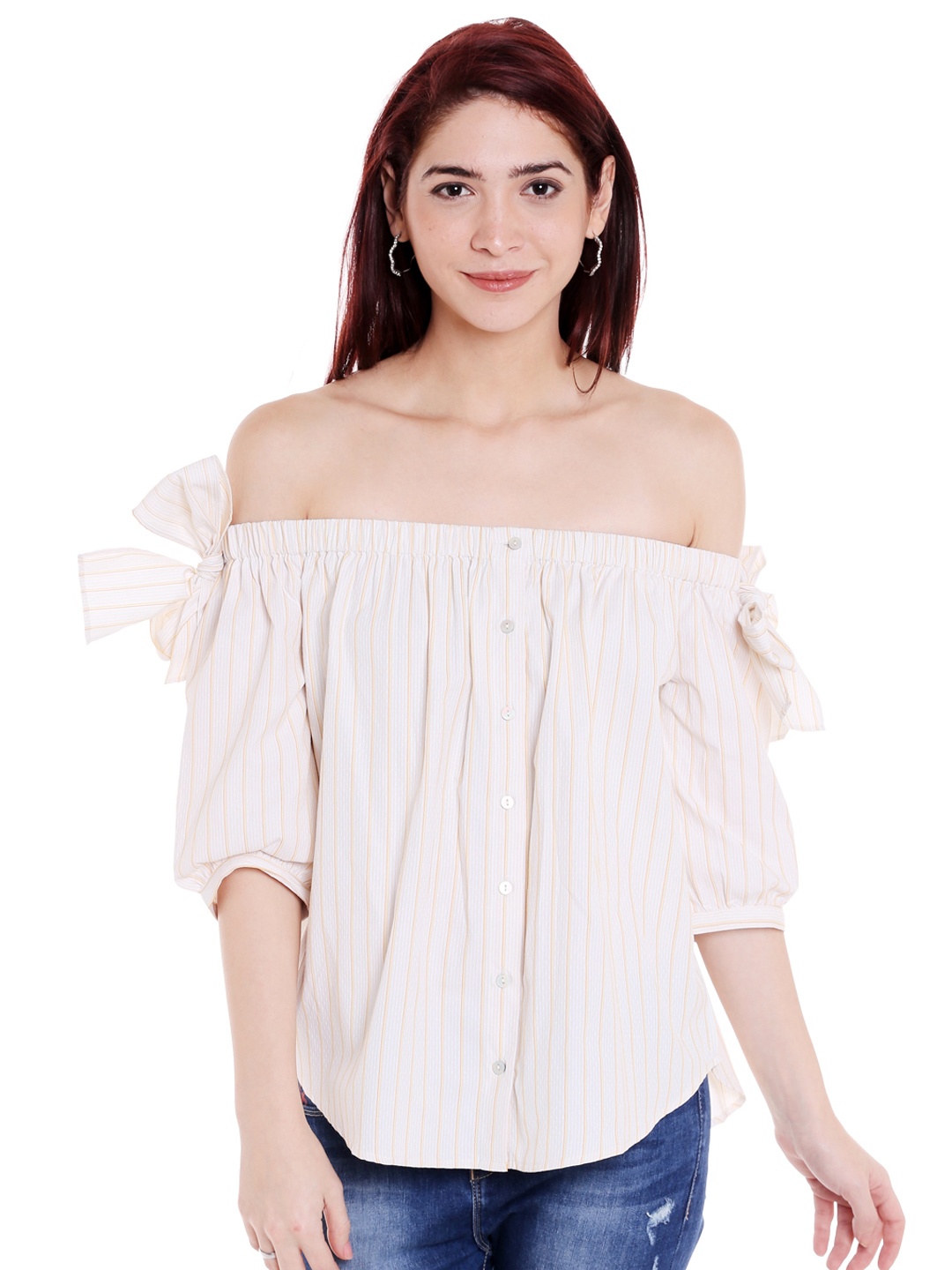 

Style Quotient Women Off-White Striped Bardot Top