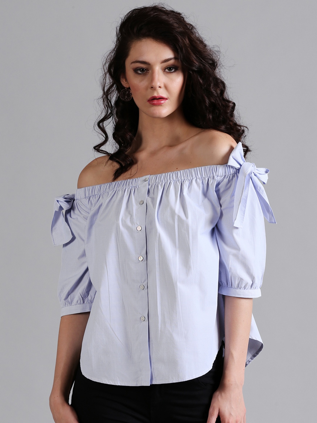 

Style Quotient Women Blue Solid Bardot Pure Cotton Top