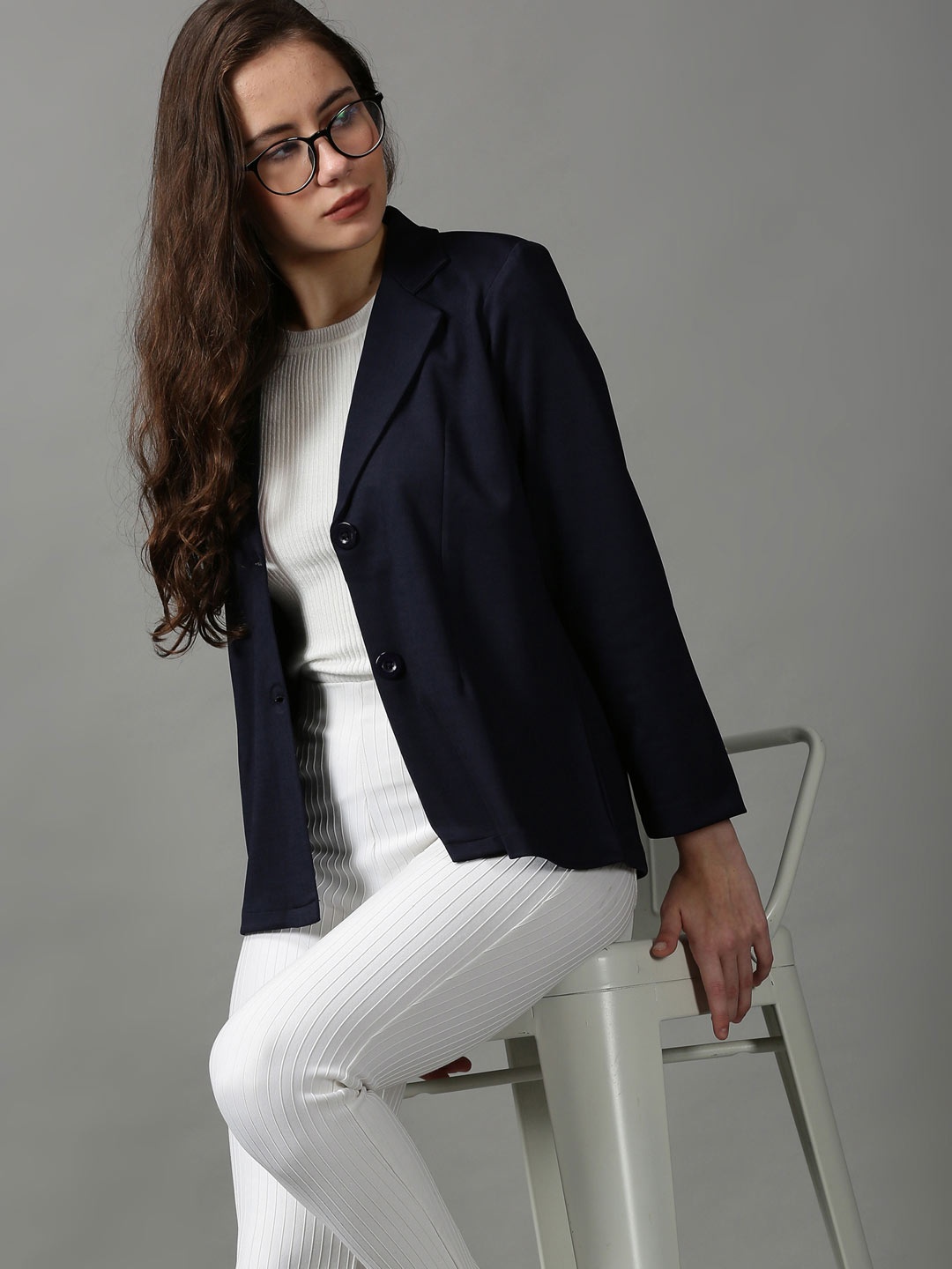 

SHOWOFF Women Navy Blue Single-Breasted Blazer