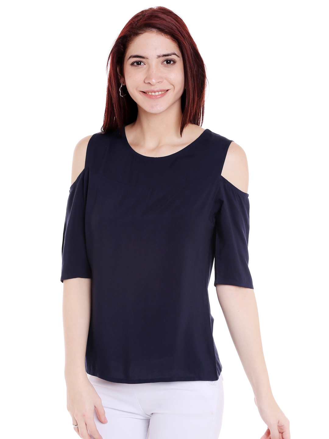

Style Quotient Women Navy Blue Solid Cold Shoulder Top