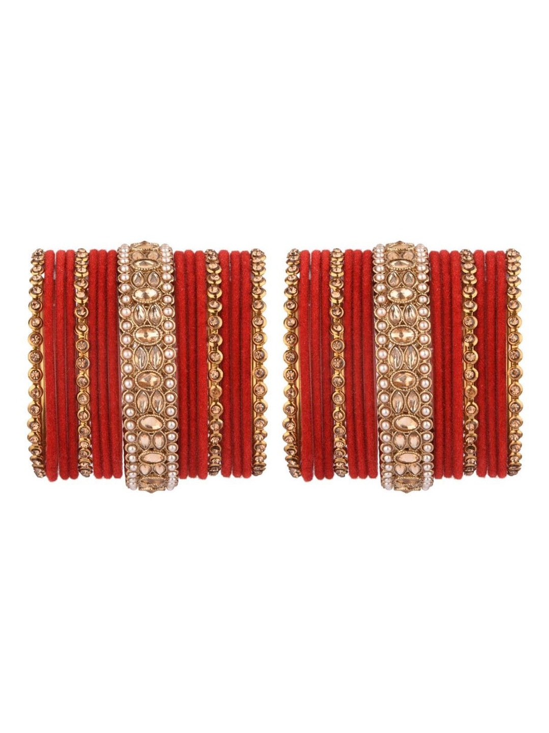 

Efulgenz Classic Fashion 17-Pcs Gold-Plated & Red Crystal & Kundan-Studded Bangle Set