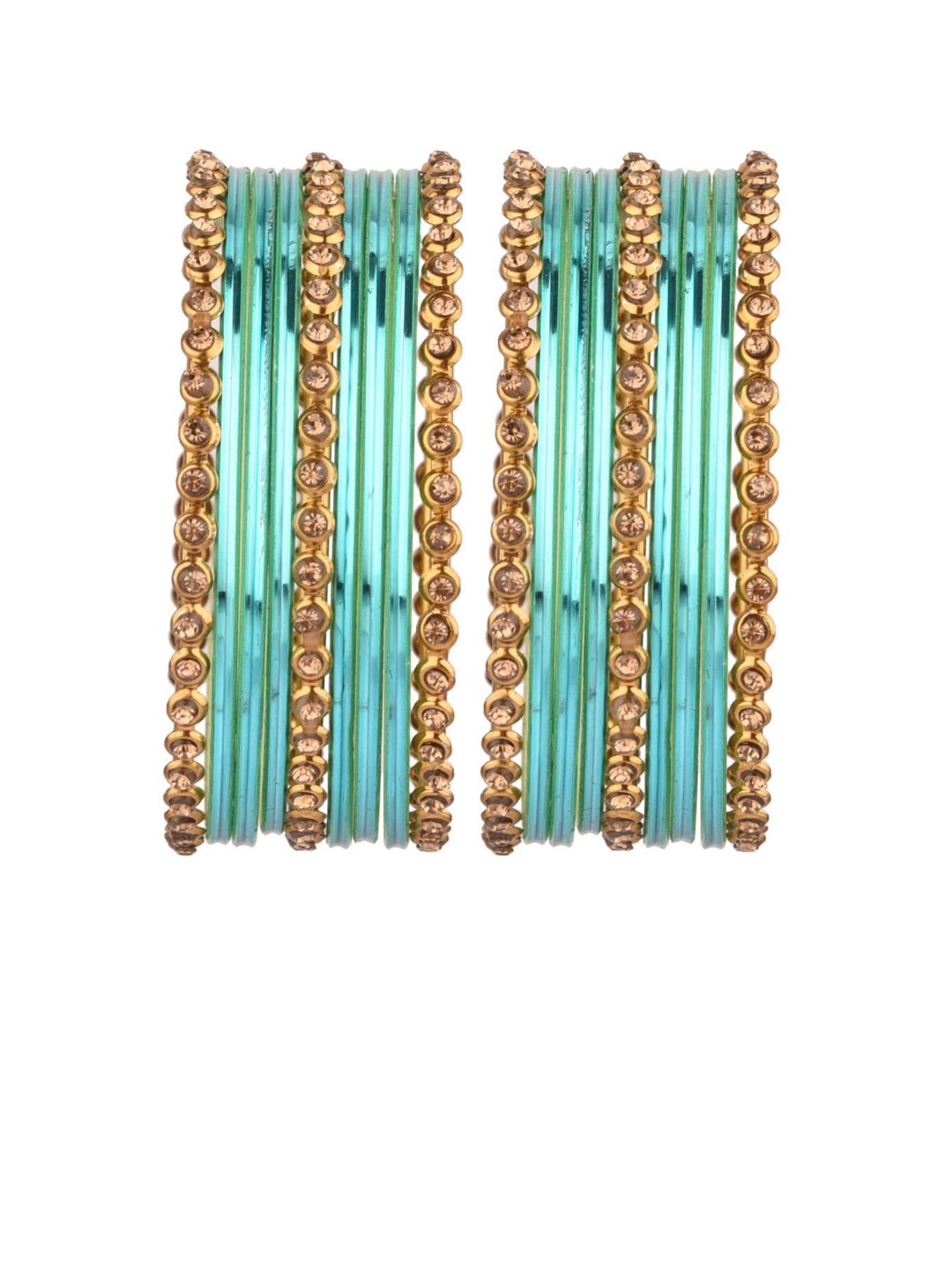 

Efulgenz Classic Fashion Indian Set Of 18 Gold-Plated Crystal Studded & Sea Green Bangles