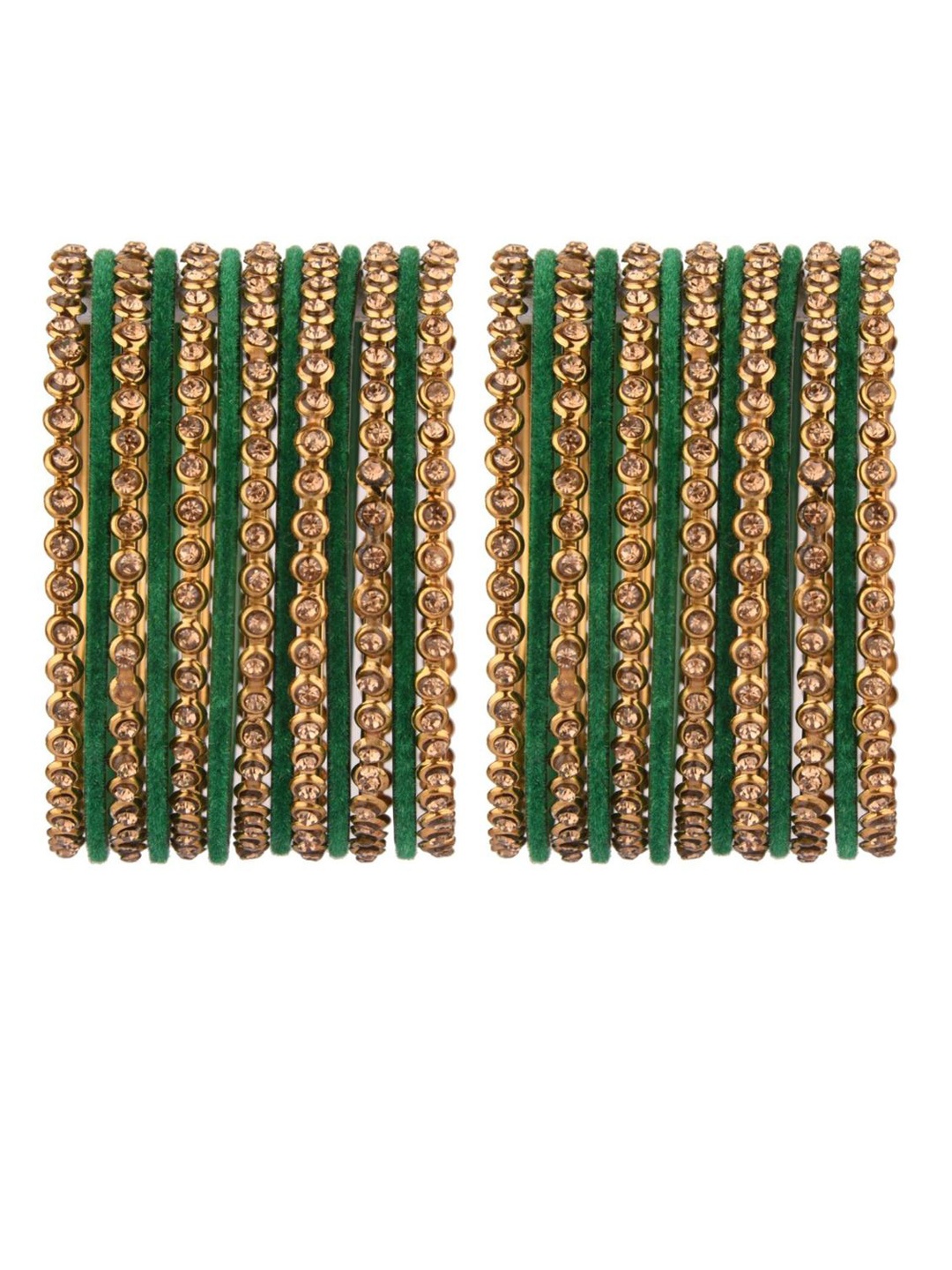 

Efulgenz Set Of 6Green & Gold-Toned Velvet & Crystal Studded Bangle, Green