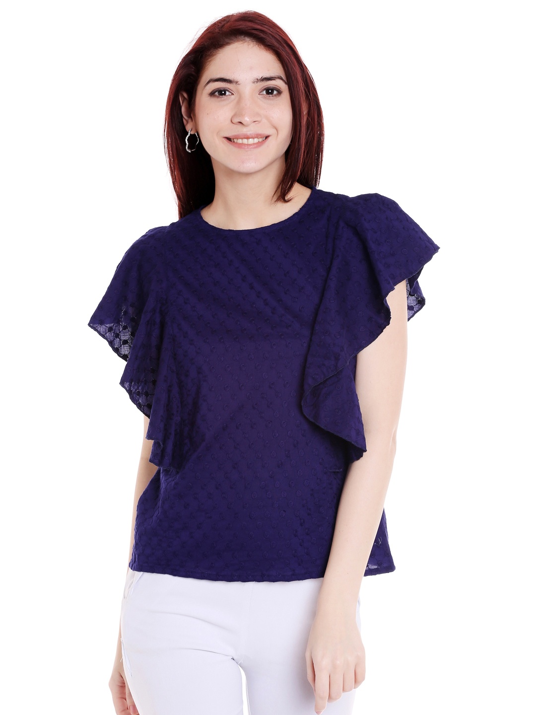 

Style Quotient Women Navy Blue Self Design Pure Cotton Top
