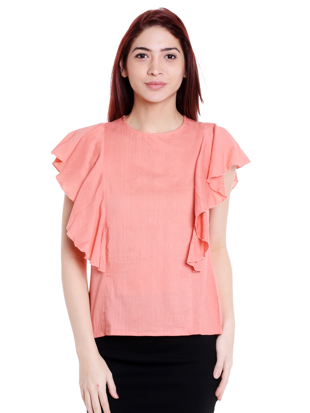 

Style Quotient Women Coral Self Design Pure Cotton Top
