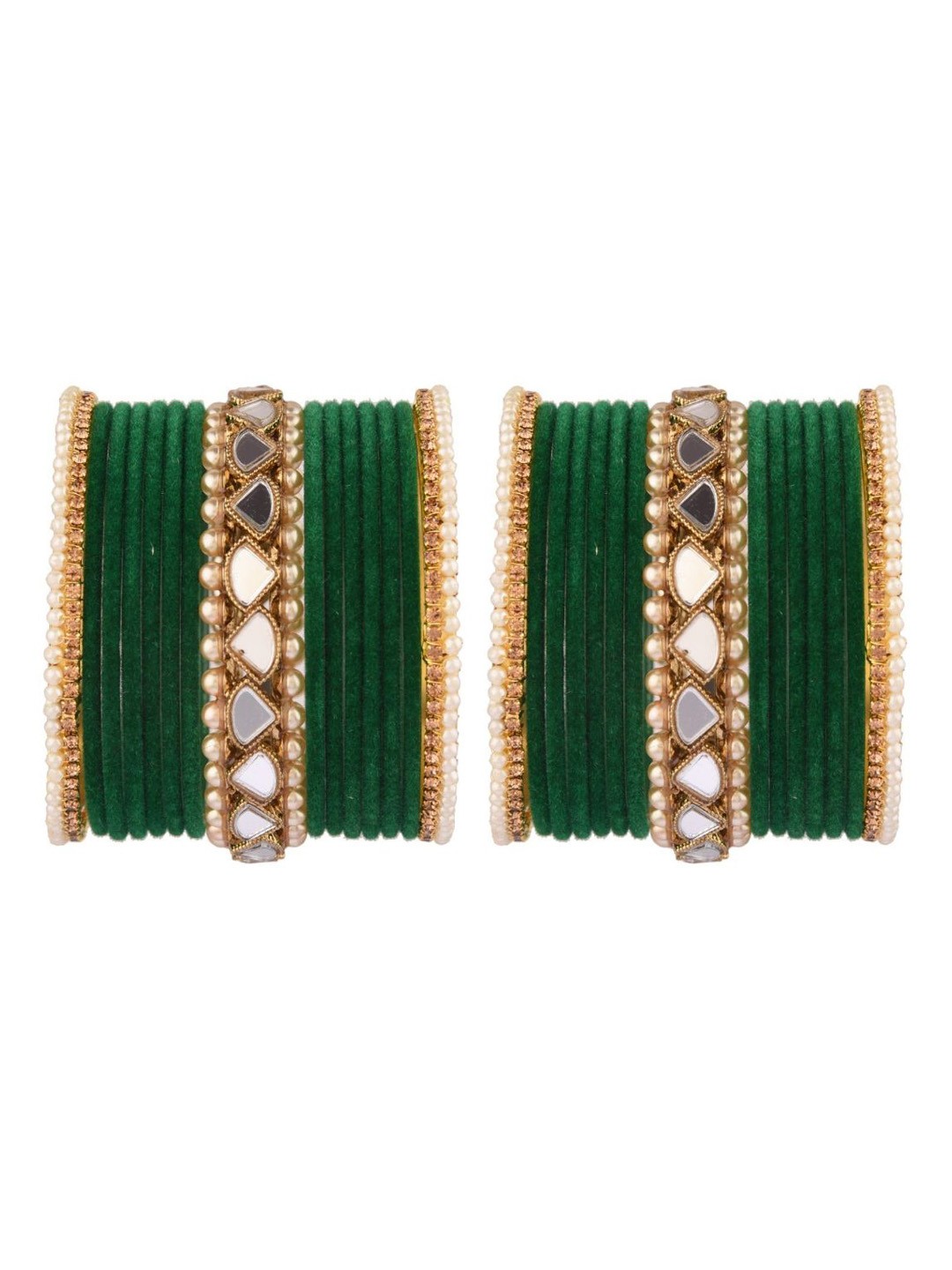 

Efulgenz Classic Fashion 30-Pcs Gold-Plated & Green Crystal-Studded & Faux Pearl Beaded Bangle Set