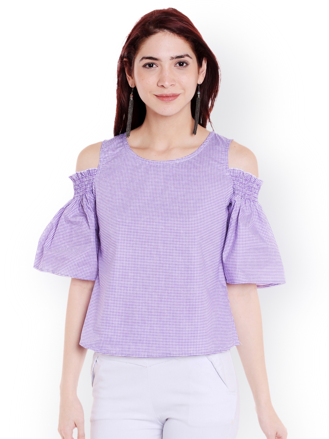 

Style Quotient Women White & Purple Checked Pure Cotton Top