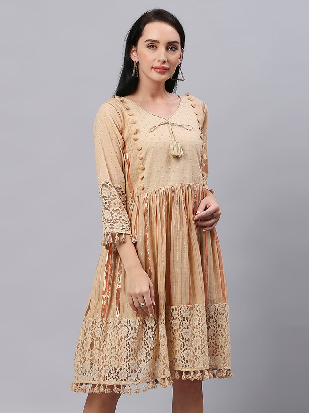 

Aanyor Beige Self Design Pleated Cotton Dress
