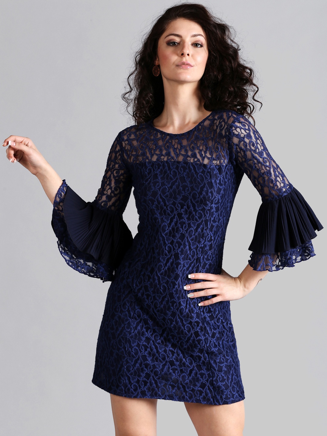 

Noi Navy Blue Self-Design A-Line Dress