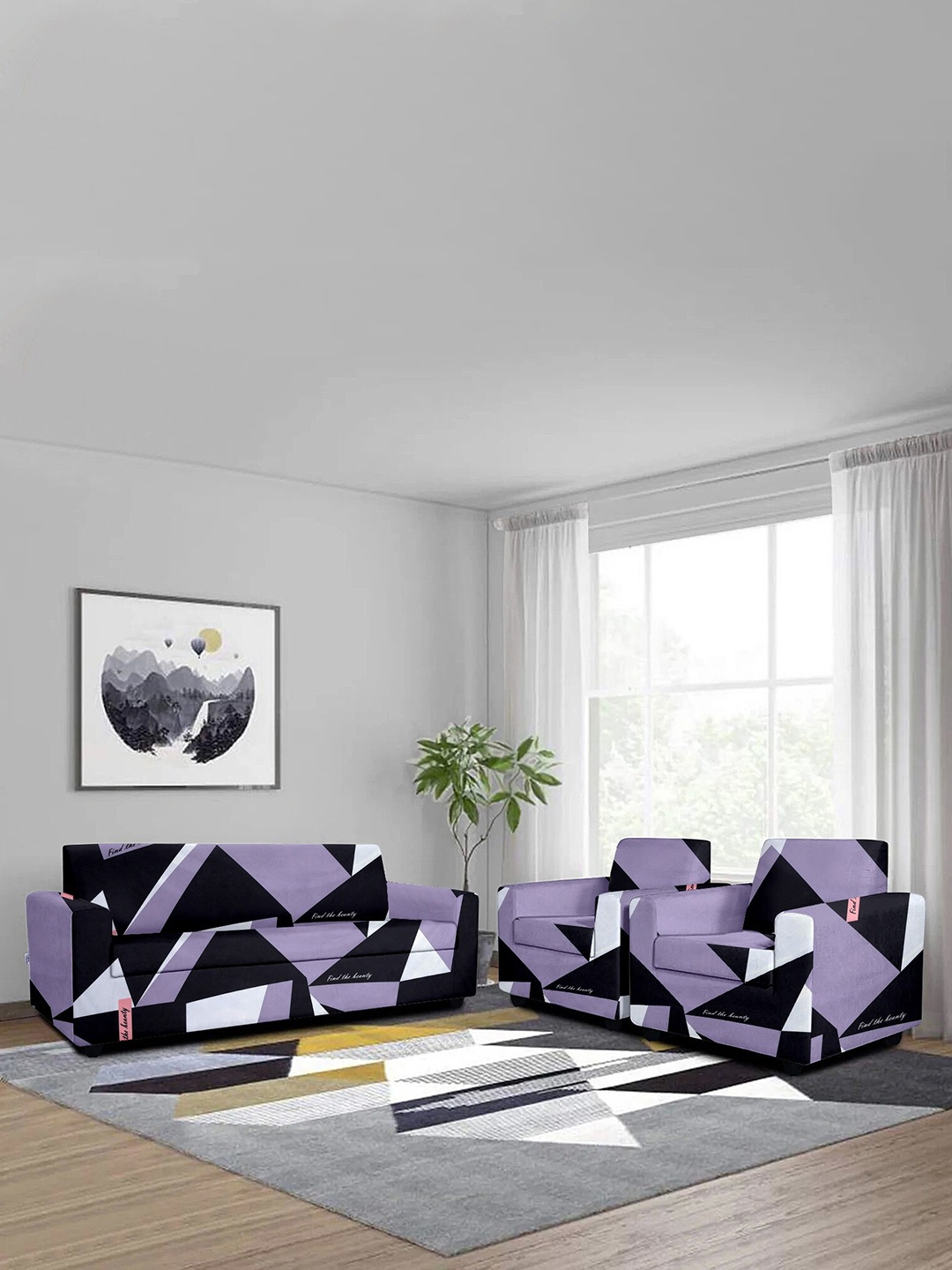 

Cortina Set of 5 Teal Blue Printed Sofa Covers, Purple