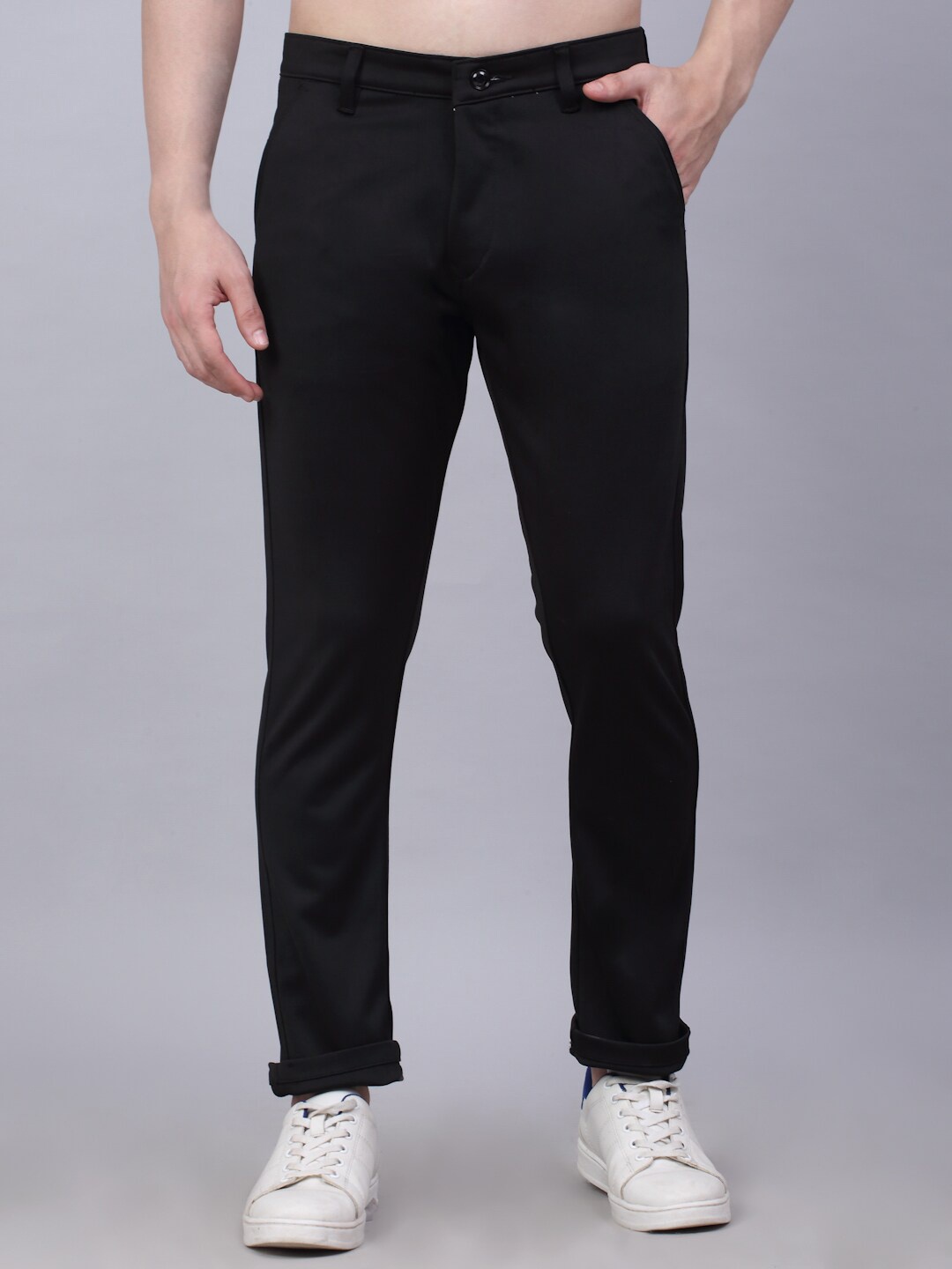 

JAINISH Men Black Smart Slim Fit Pure Cotton Trousers