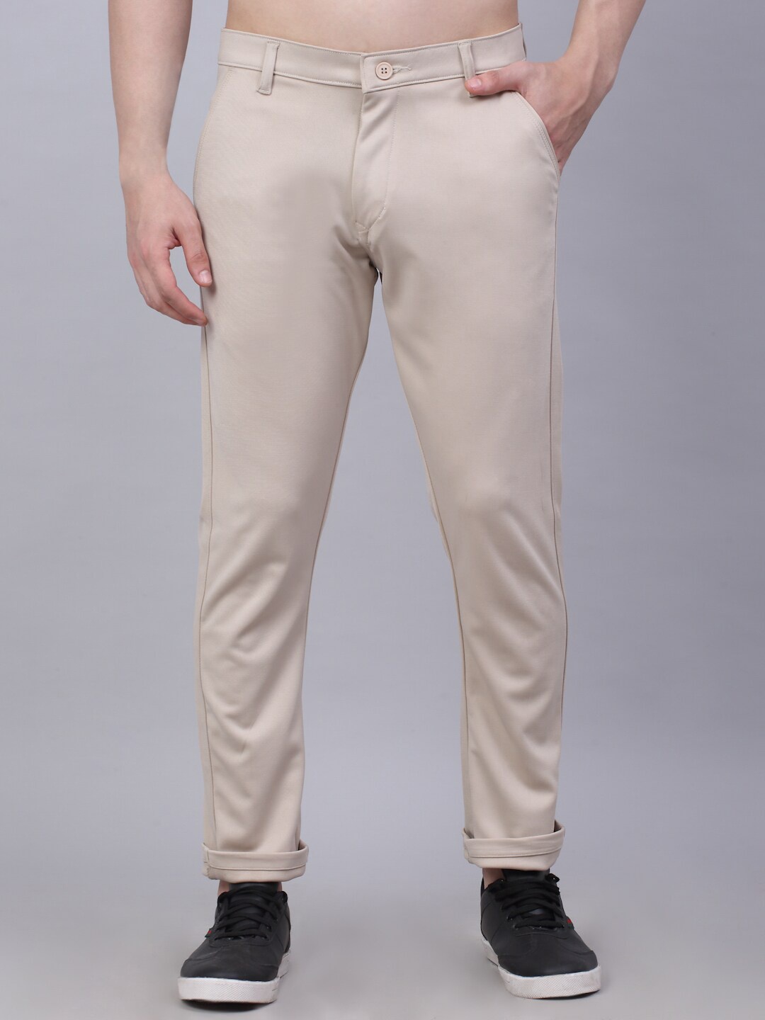 

JAINISH Men Cream-Coloured Smart Slim Fit Pure Cotton Chinos Trousers