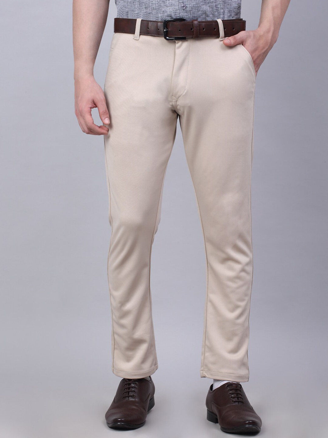 

JAINISH Men Cream-Coloured Smart Slim Fit Pure Cotton Formal Trousers