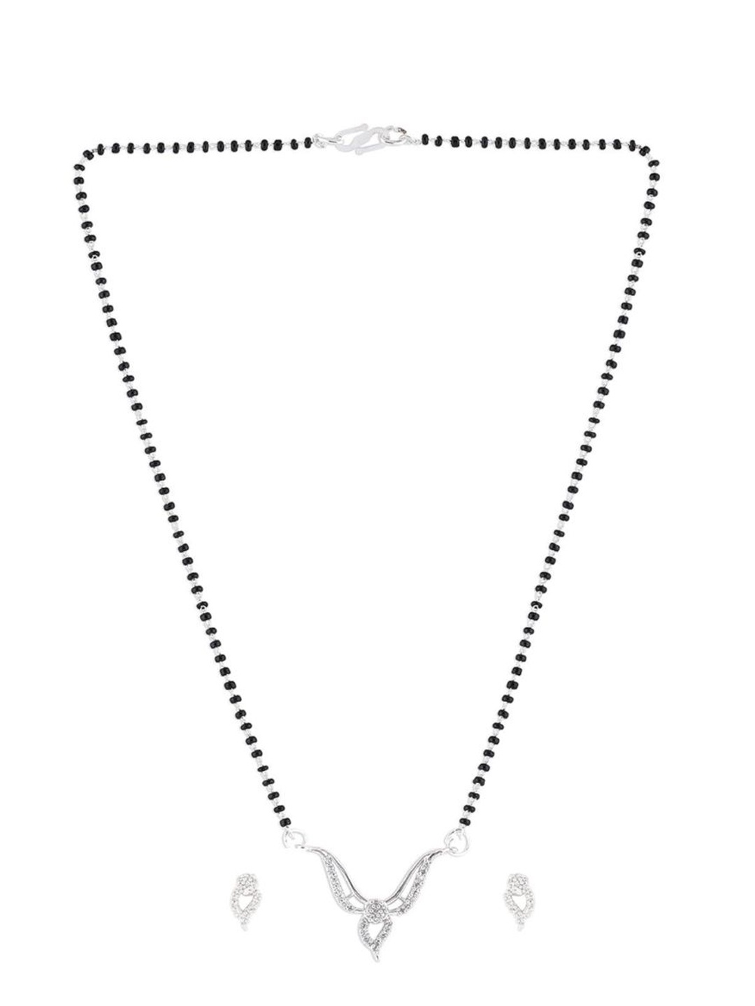 

Efulgenz Women's Black Beads Rhodium Plated CZ Studded Mangalsutra With Earrings, White