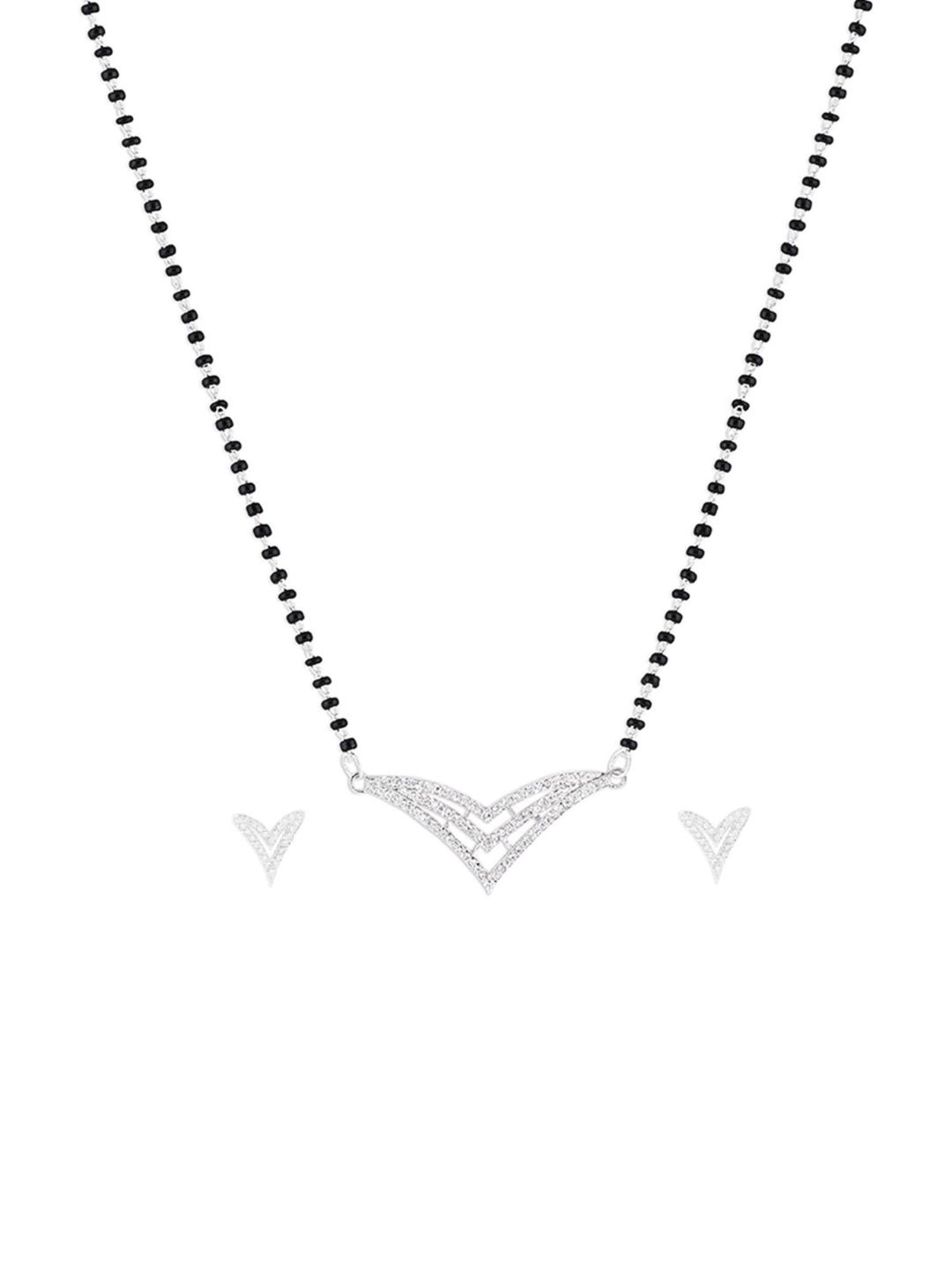 

Efulgenz Women CZ Pendant Black Beads Strand Mangalsutra Stud Earring Set, White