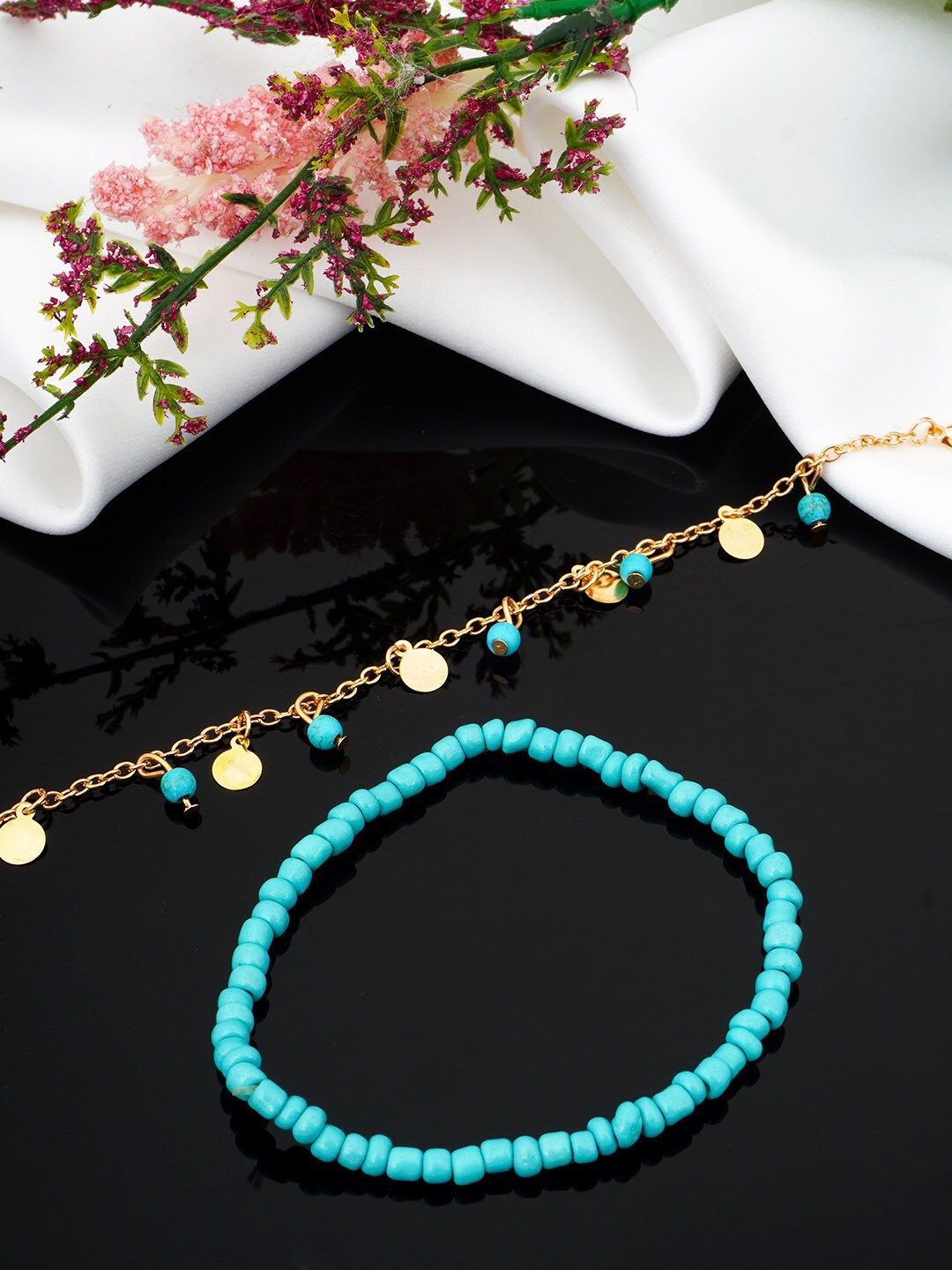 

Ferosh Women Gold-Plated & Blue Beaded Coin Layered Anklet