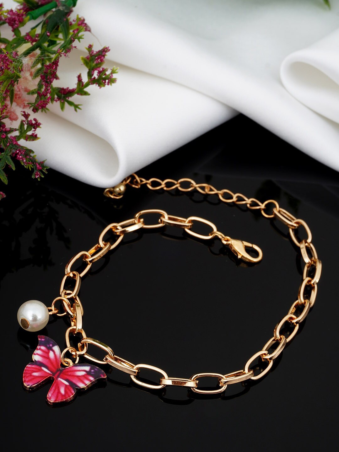 

Ferosh Gold-Plated & Pink Butterfly Studded & Beaded Anklet