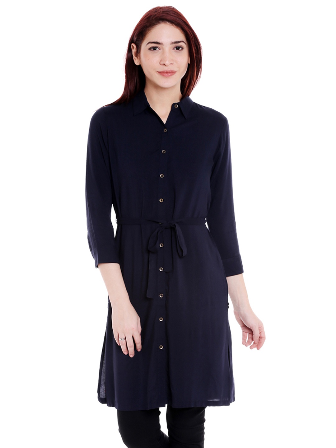 

Style Quotient Women Navy Blue Regular Fit Solid Casual Longline Shirt