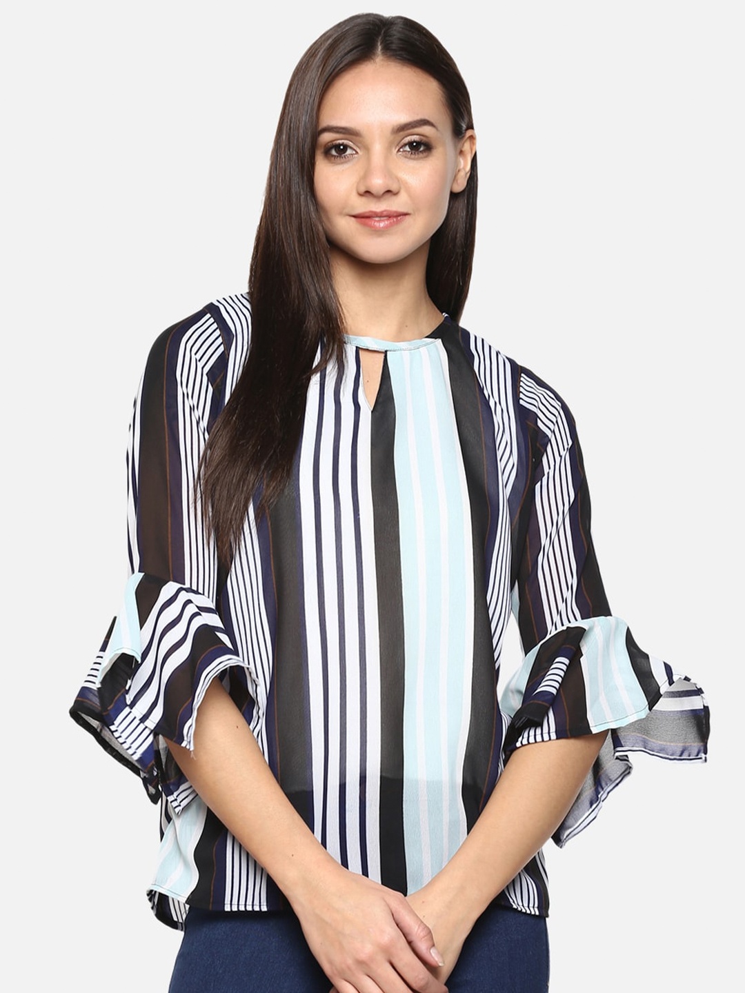 

Indietoga Blue Striped Keyhole Neck Georgette Top