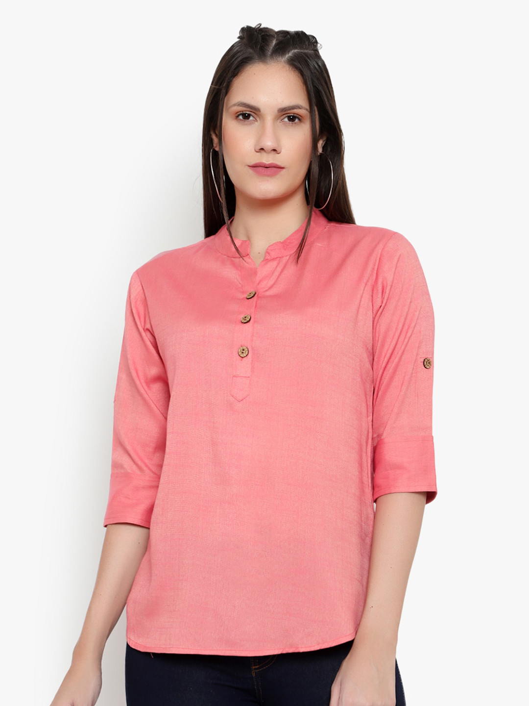 

Indietoga Pink Mandarin Collar Pure Cotton Shirt Style Top