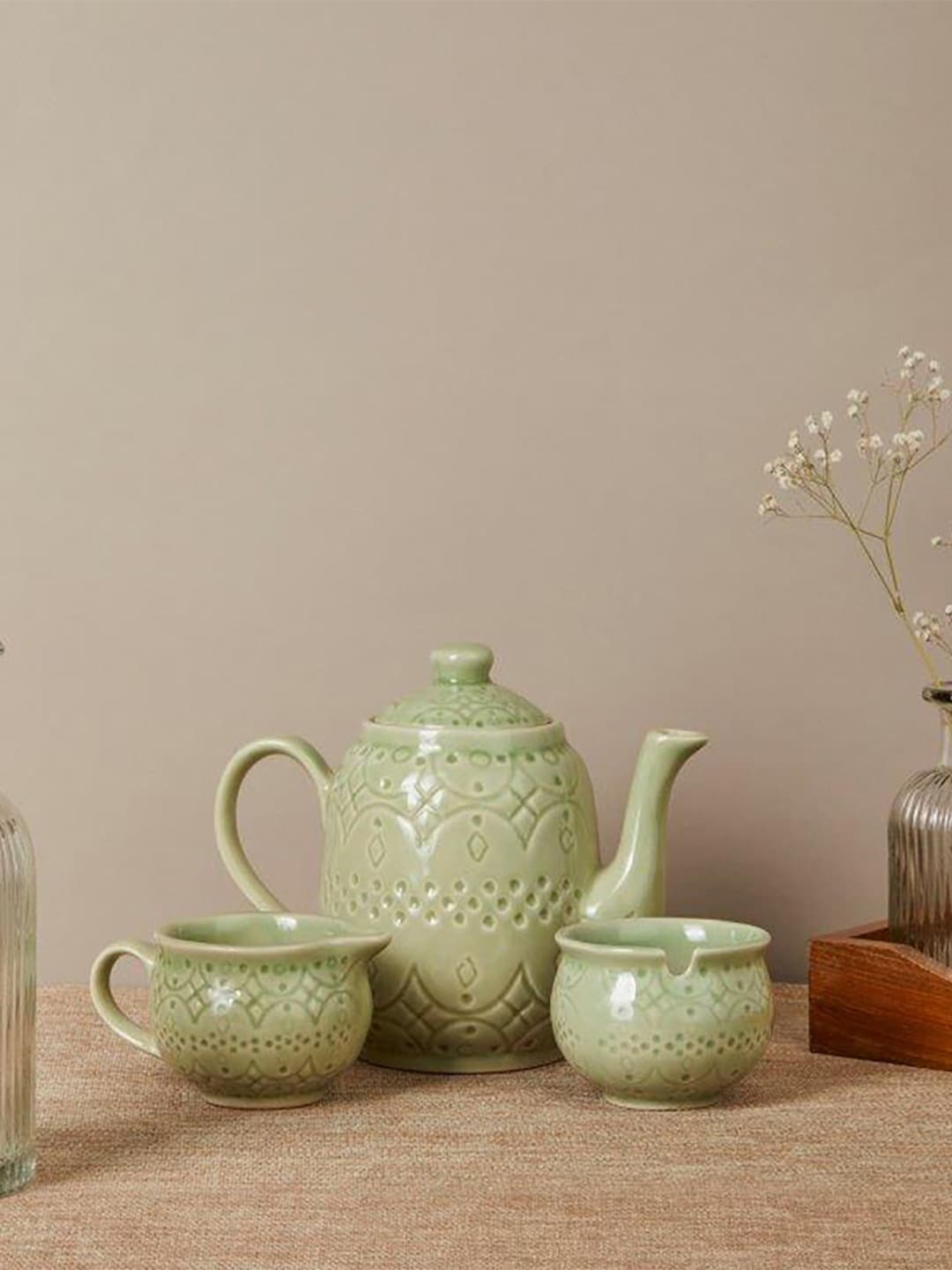 

Fabindia Set Of 3 Green Textured Ceramic Tea Set