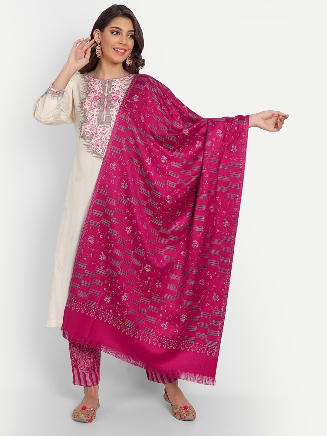 

HK colours of fashion Off White & Pink Unstitched Dress Material