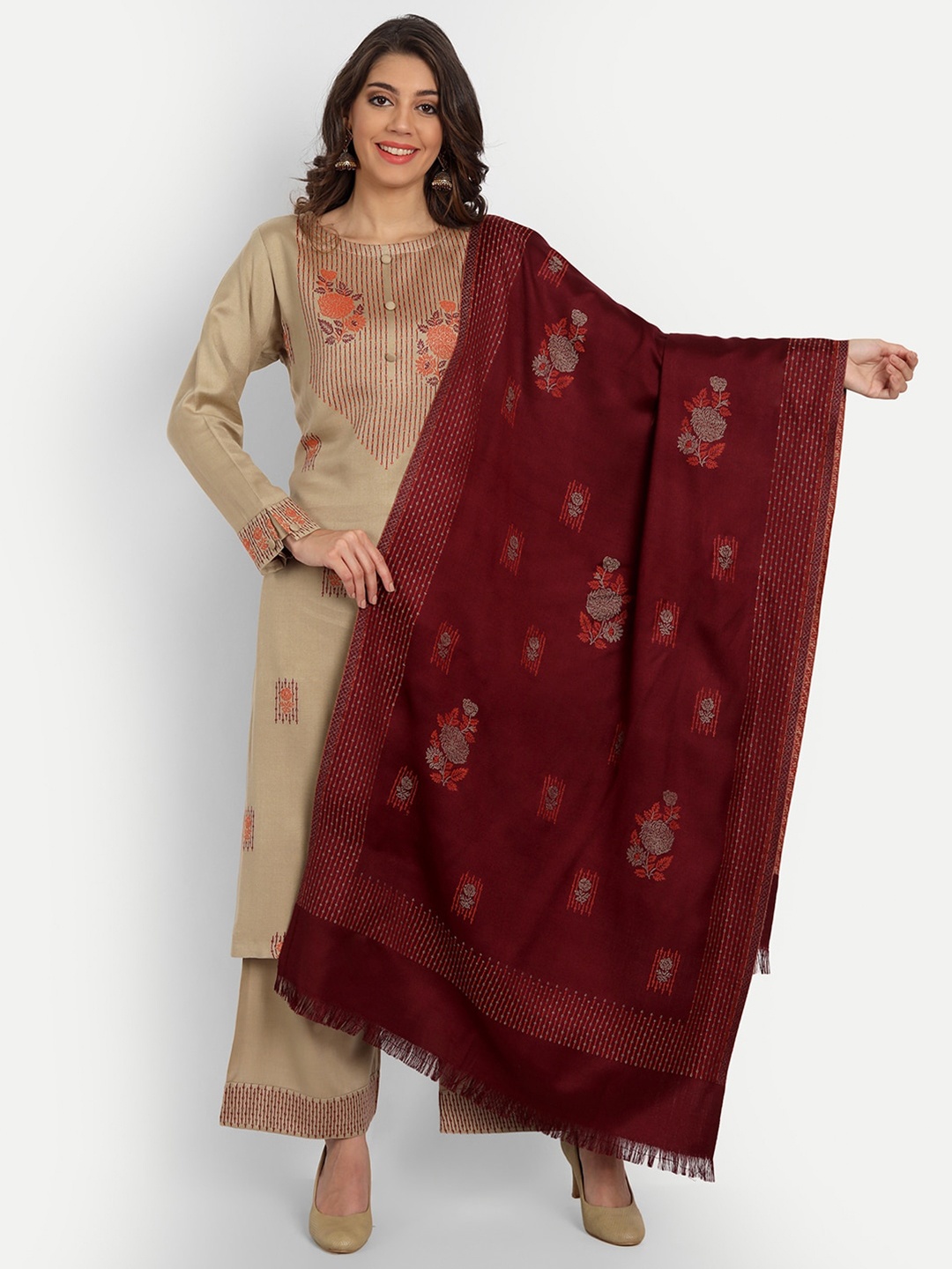

HK colours of fashion Beige & Maroon Unstitched Dress Material