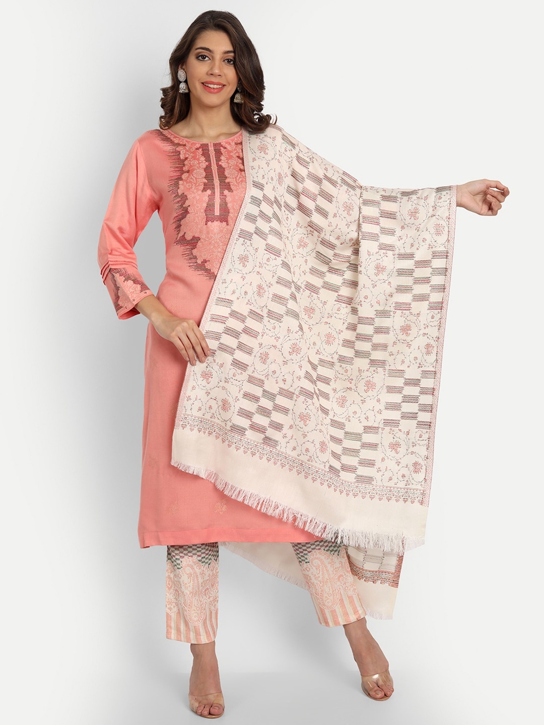 

HK colours of fashion Peach-Coloured & Off White Unstitched Dress Material