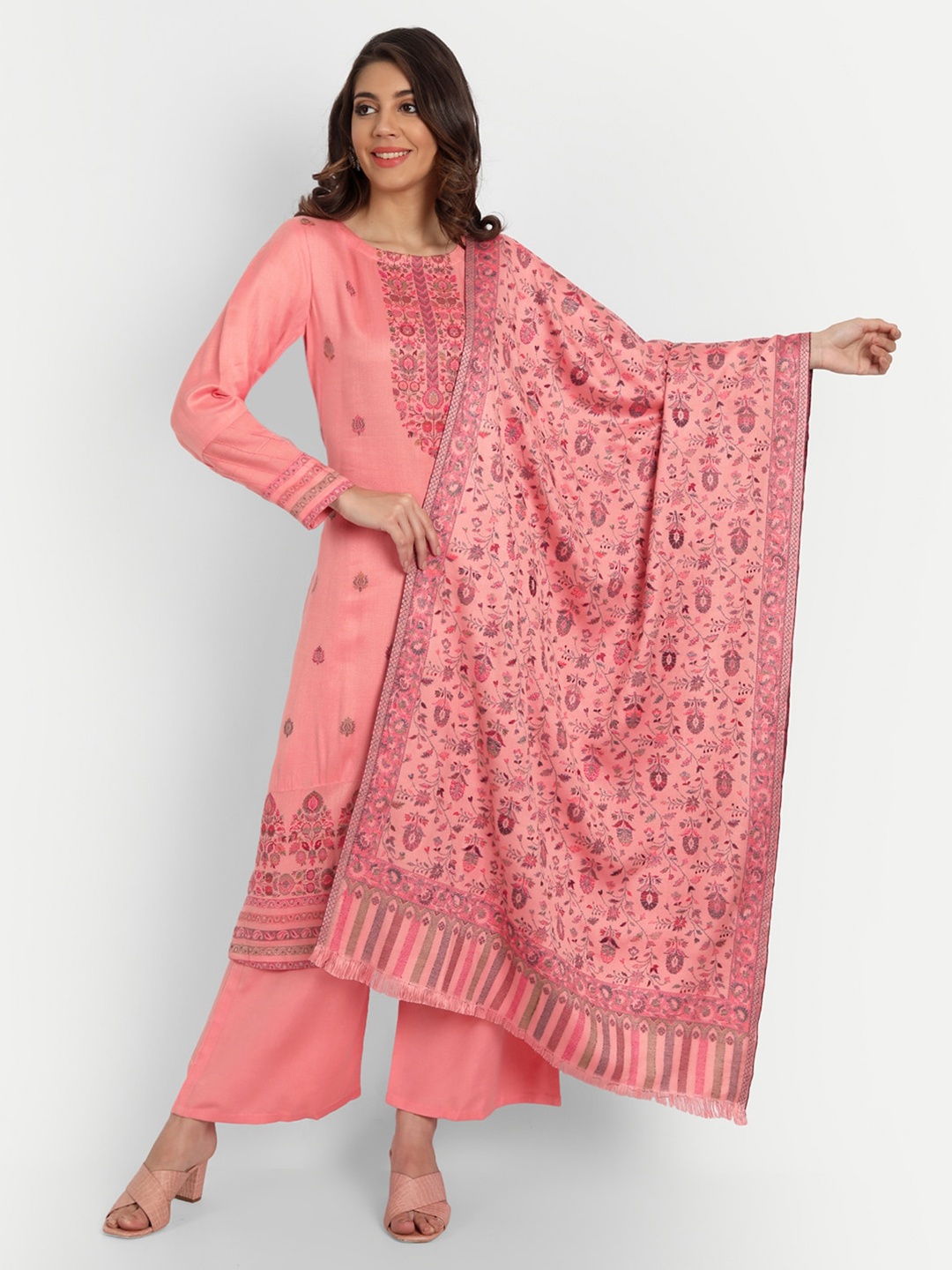 

HK colours of fashion Floral Woven Pashmina Unstitched Dress Material, Peach