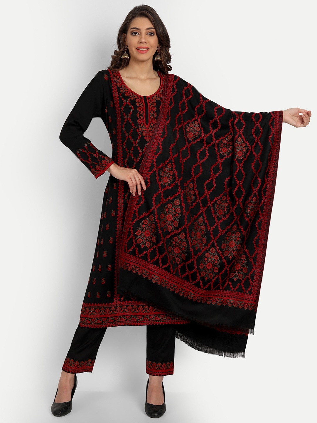 

HK colours of fashion Black & Red Unstitched Dress Material